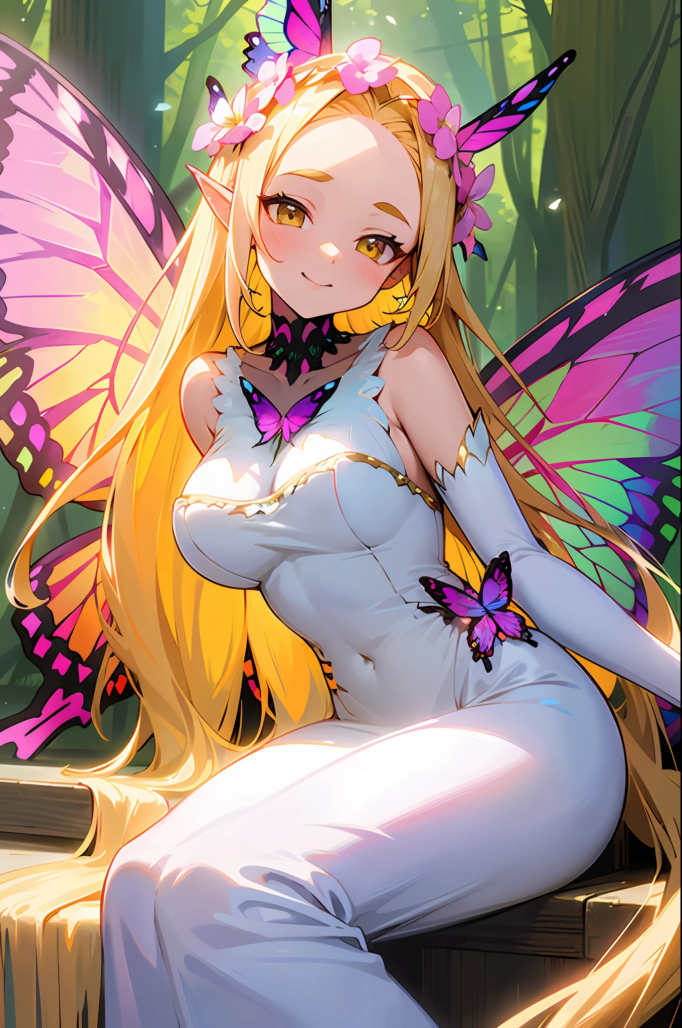 masterpiece, best quality, 1girl, solo, mature female, blonde hair, yellow eyes, absurdly long hair, (hair intakes, parted hair, parted bangs, forehead, head wreath:1.4), sidelocks, pointy ears, seductive smile, tsurime, white dress, long dress, mermaid dress, frilled dress, (sleeveless:1.2), off shoulder, off-shoulder dress, collarbone, necklace, large breasts, covered navel, (fairy wings, butterfly wings, multicolored wings:1.5), flower, white flower, purple flower, pink flower, butterfly, outdoors, sitting, forest, enchanted forest, water, flower wall, branch, tree, dappled sunlight, sunbeam, enchanting, light particles,