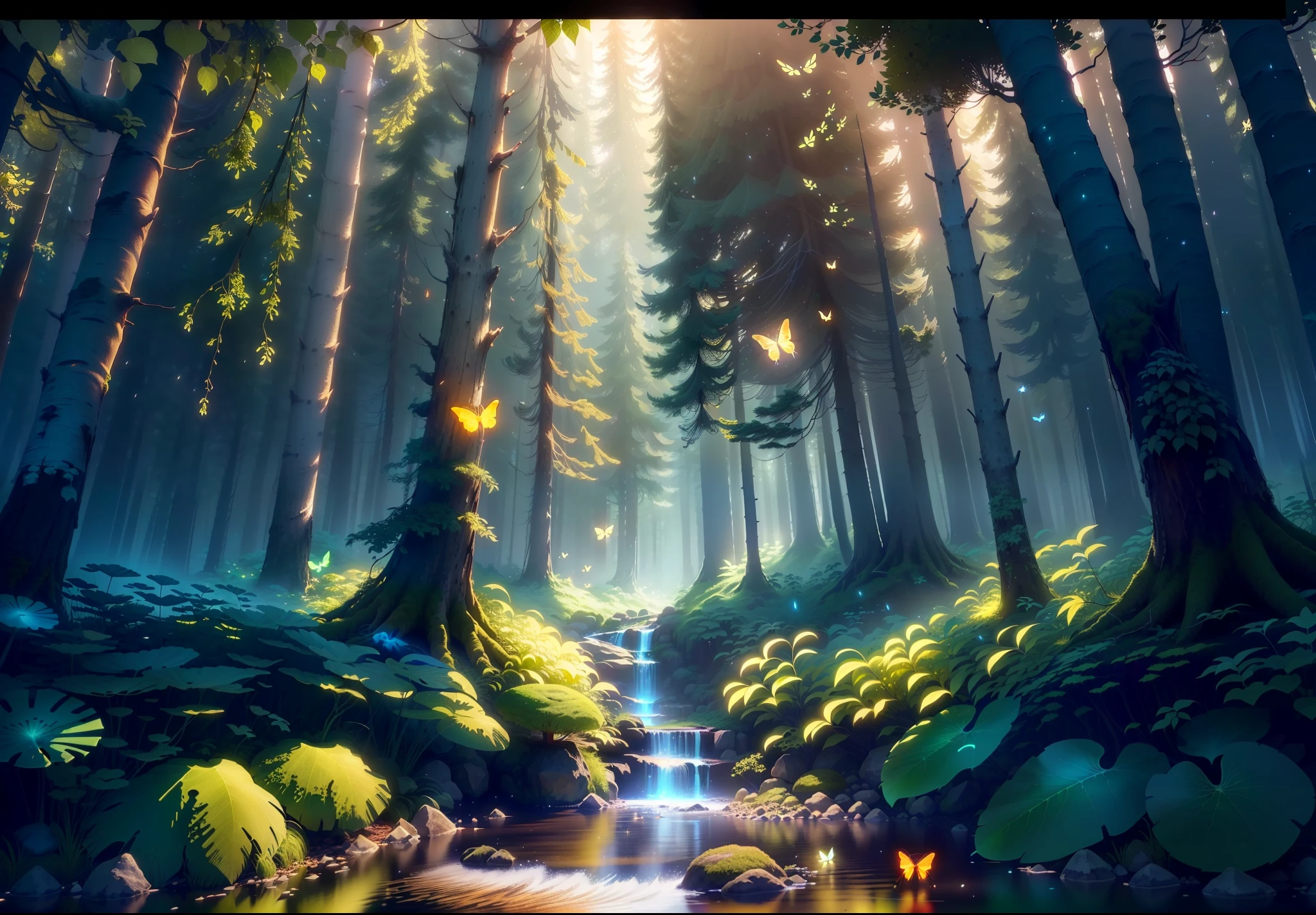 Masterpiece, best quality, (highly detailed CG unity 8k wallpapers), (best quality), (best illustrations), (best shadows), forest theme with natural elements. Tall trees, quiet streams, small glowing mushrooms surrounded by delicate leaves and branches, with fireflies and glowing particle effects,, (natural elements), (jungle theme), (leaves), (twigs), (fireflies), butterflies, (delicate leaves), (glow), (particle effects). , Isometric 3D, Octane Rendering, Ray Traced, Super Detailed