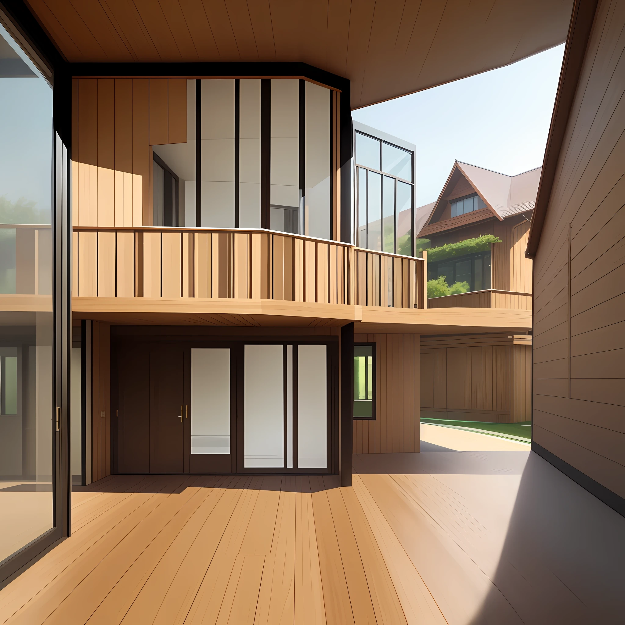 Creates a straight line house with wooden balcony and glass in Excellent quality 8k,with stone caused
