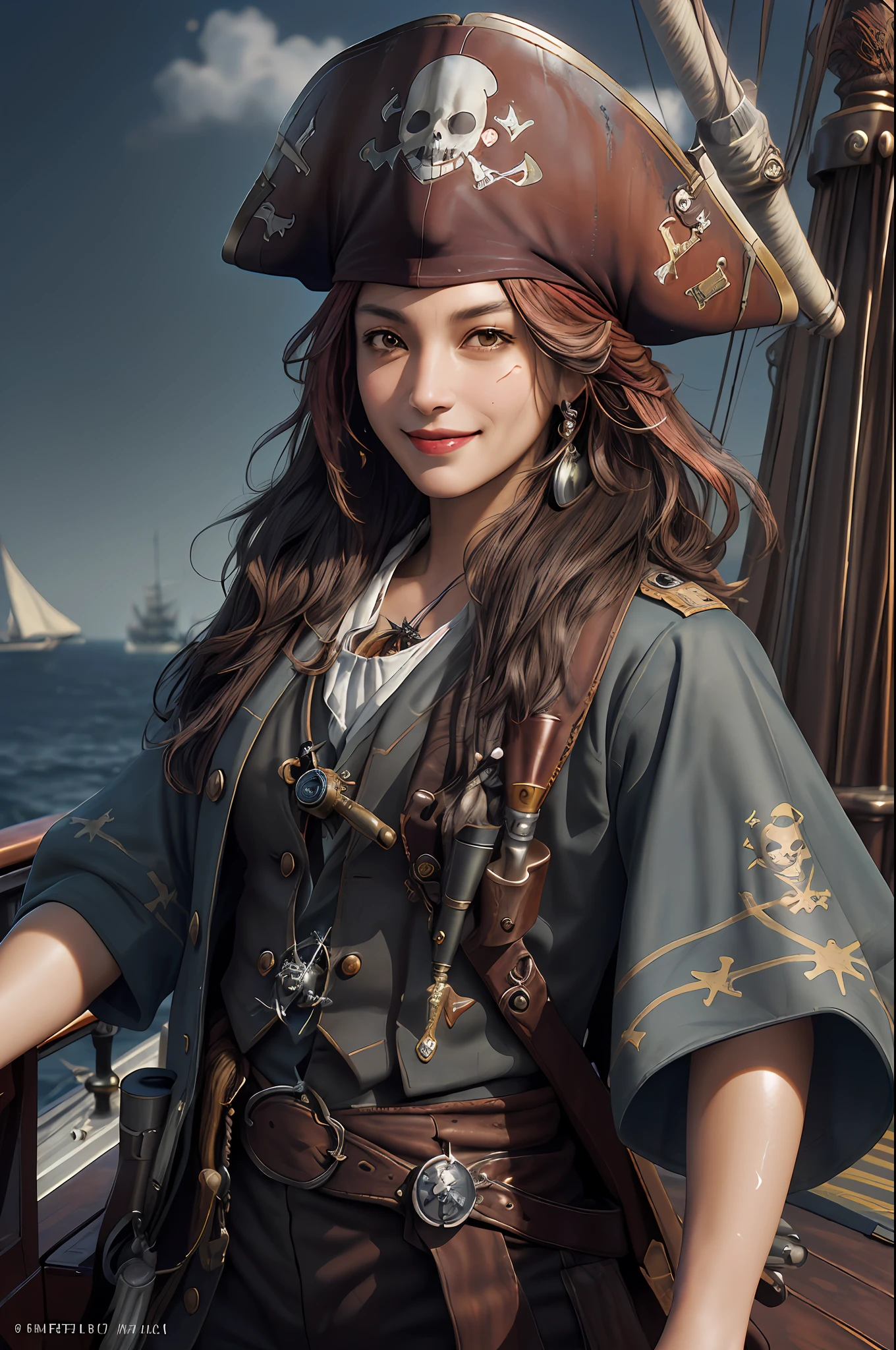 best quality, art cg, ultra-detailed, illustration, Amazing, finely detail, extremely detailed CG, beautiful detailed glow, artbook, Original, (Pirate ship captain with a fearless smile looking into the telescope on the deck), shiny hair, shiny pirate captain hat, shiny pirate captain clothes, (glistening skin, oily skin), on a pirate ship, savage, sweat, lipstick