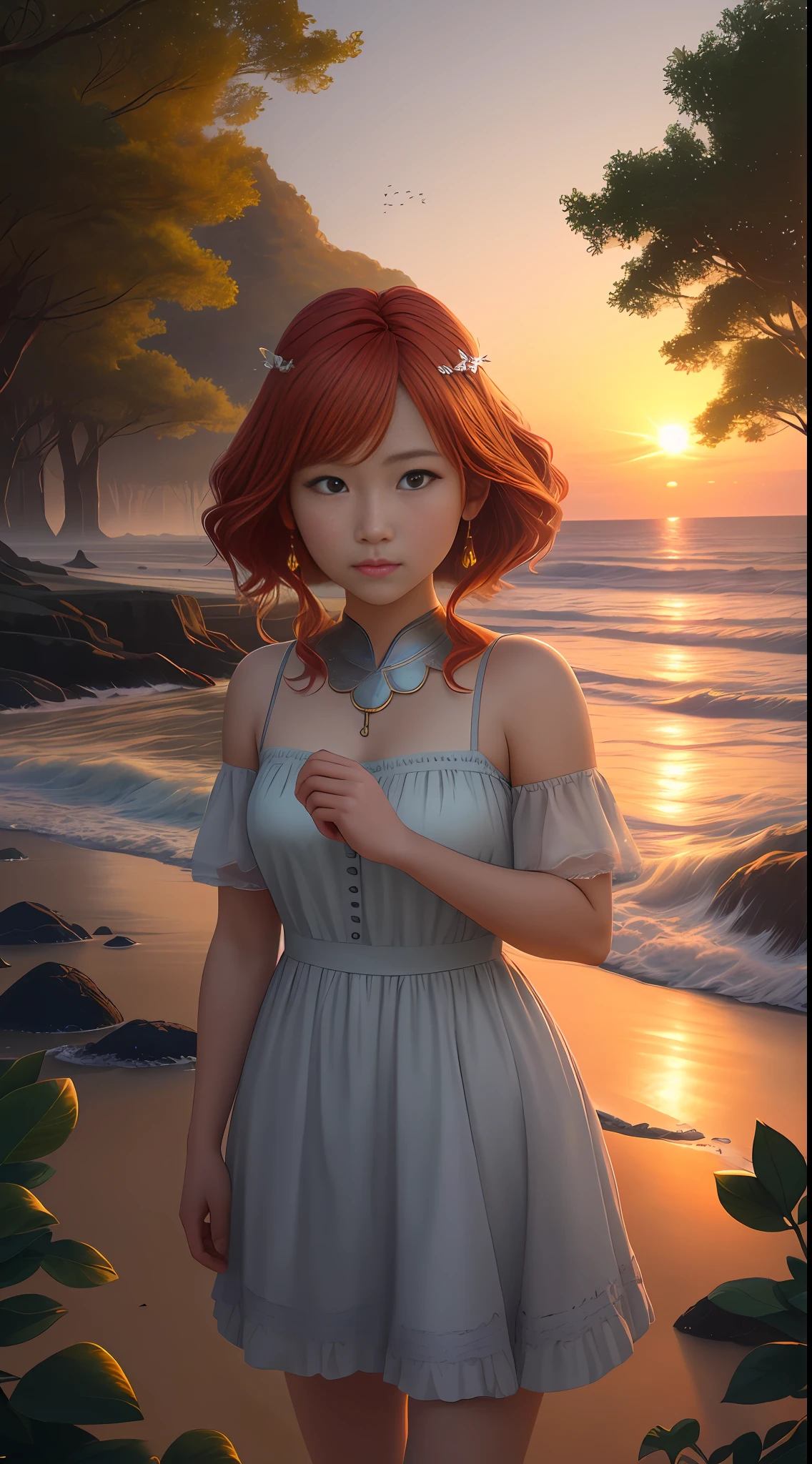 Masterpiece, (best image quality: 1.3), super high resolution, original photos, detailed skins, beautiful lighting, (realistic, realistic: 1.4), soft cinematic light realistic light, realistic shadows, ocean, beach, , soft cinematic light, completely,, dazzling scenes reveal brilliant sunrises, paint the sky in golden and pink tones. Soft warm light bathes the lush landscape. The trees bloom, the fields stretch out as far as the eye can see, the crystalline streams flow harmoniously, and in the center of the image, a group of characters from the previous chapters is depicted. They participate in reconstruction activities, building houses, planting trees and planting gardens. Diversity is represented by their different races and abilities, but they are all perfectly united and also depict healing and reconciliation. The character appears in moments of self-discovery and overcoming trauma. Therapists and therapists provide support as characters embark on a journey to discover new lands, enco, silver, redhead, brunet, modern, anime, reflected light, cinematic lighting, projection, ultra wide angle, wide angle, diffraction spike, UHD, super detail, high quality, best quality, 1080P, 8k