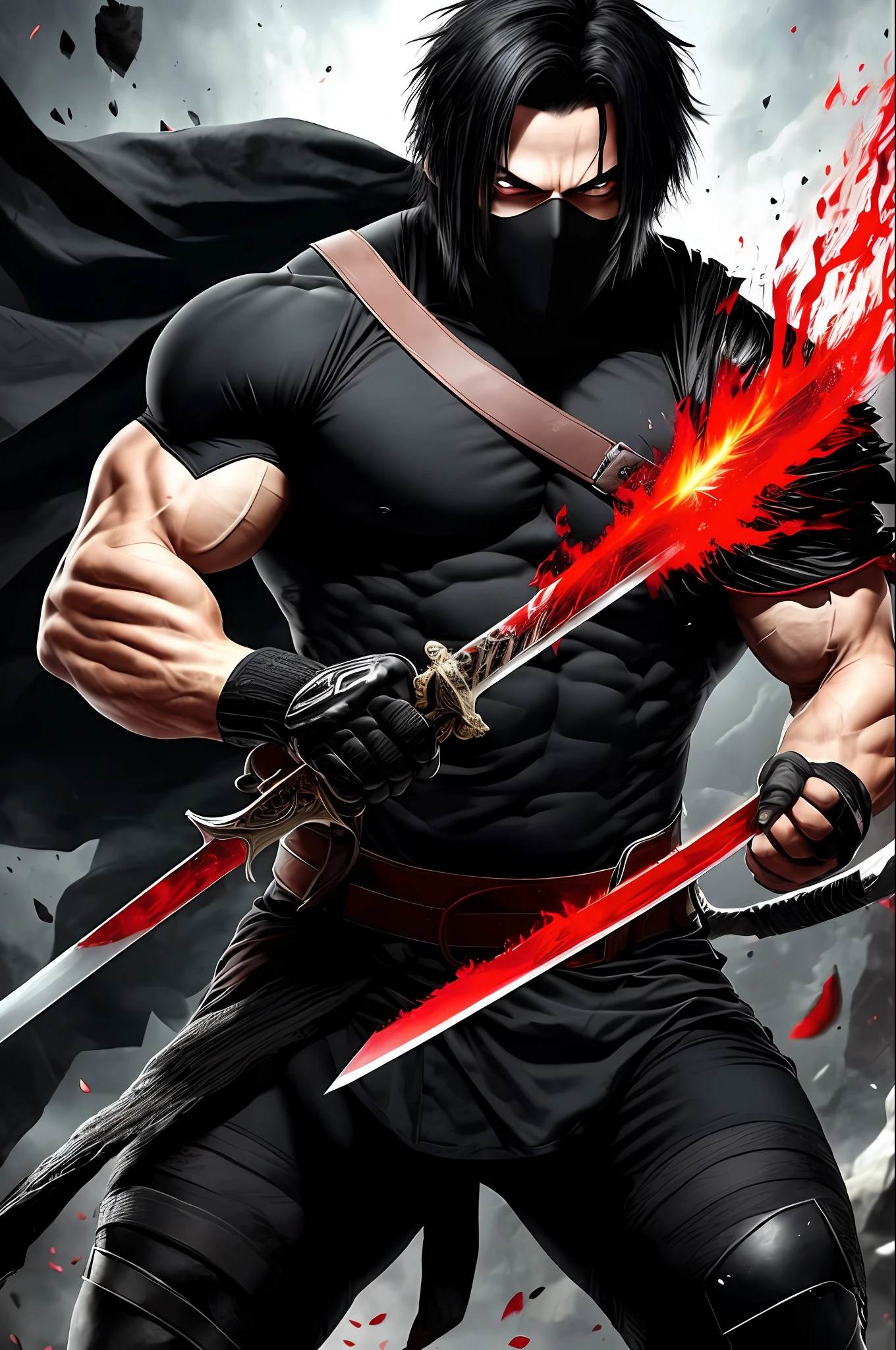 Man with black hair covering part of his face with black clothes Muscular with bright white eyes with a sword of blood in hell