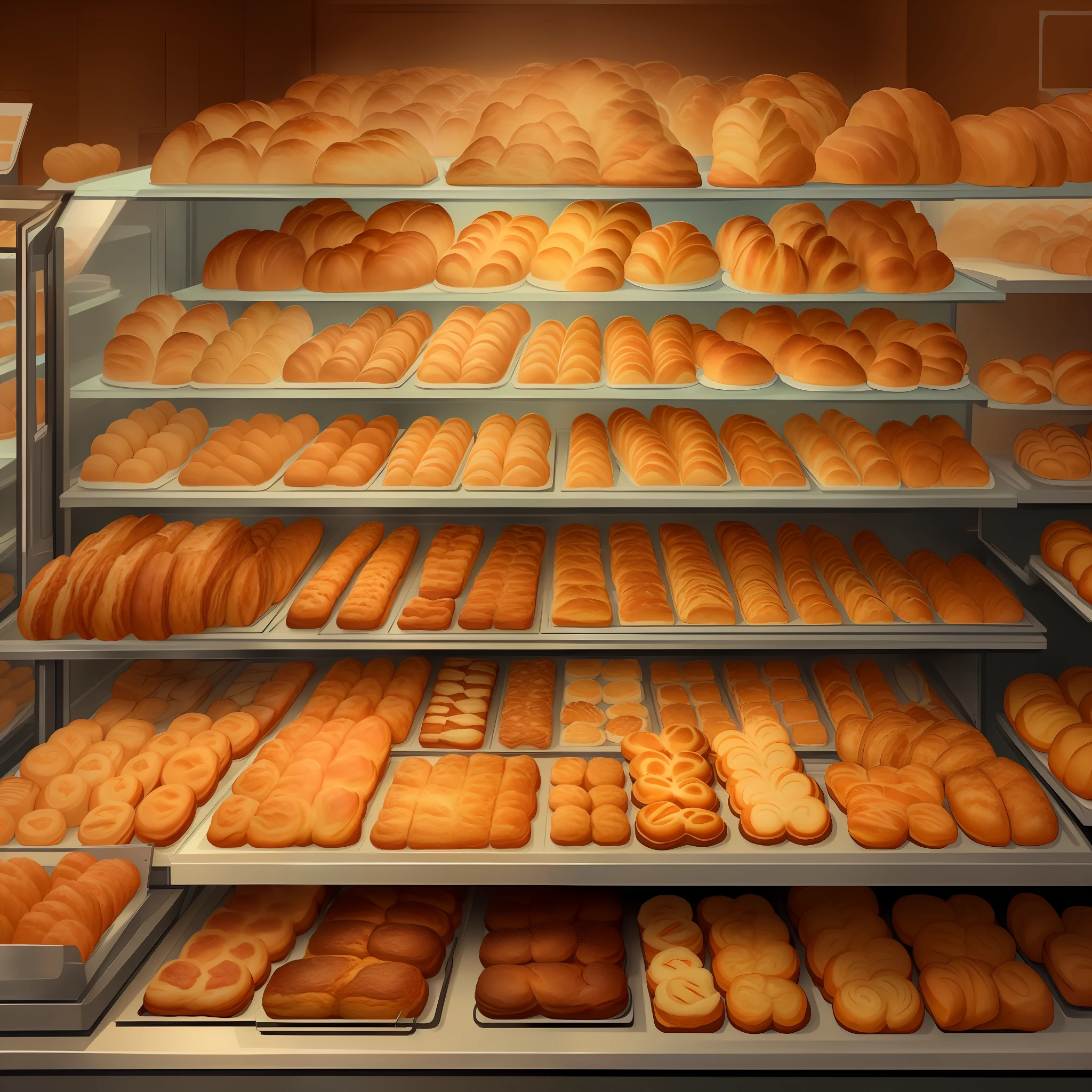 there are many breads and pastries on display in a bakery, bakery, baking artwork, fresh bakeries in the background, cute bakery shop, fantasy bakery interior setting, fantasy bakery, by Vladimir Borovikovsky, commercial illustration, background artwork, background art, by Aleksander Gierymski, by Roman Bezpalkiv, with bread in the slots, make it more friendly and warm
