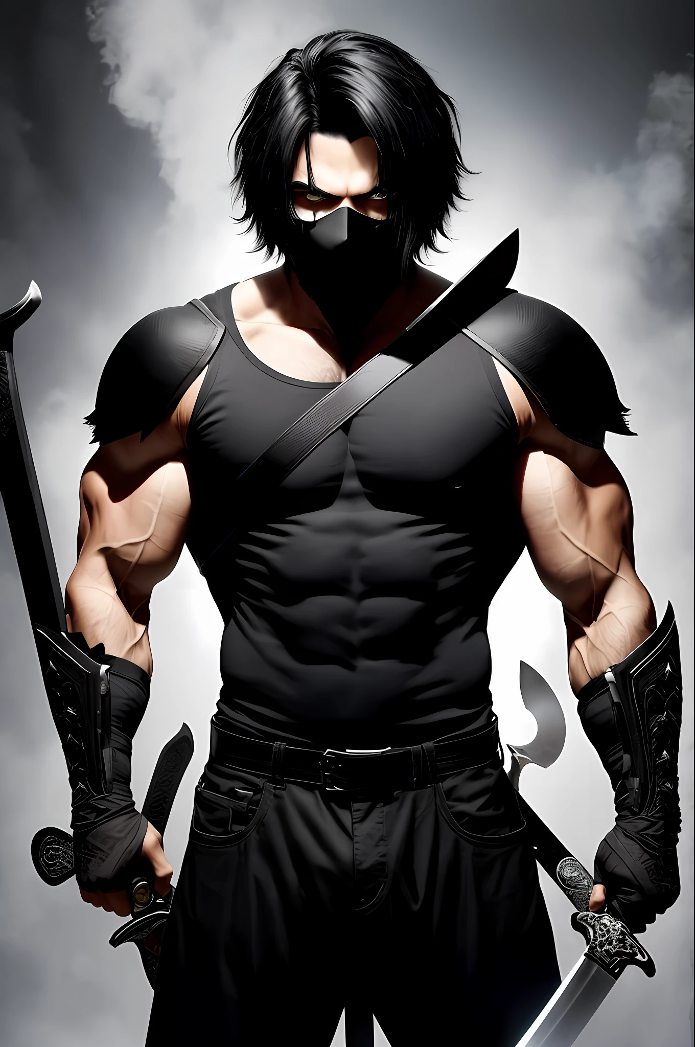 Man with black hair covering part of his face with black clothes Muscular with bright white eyes with a sword of blood in hell
