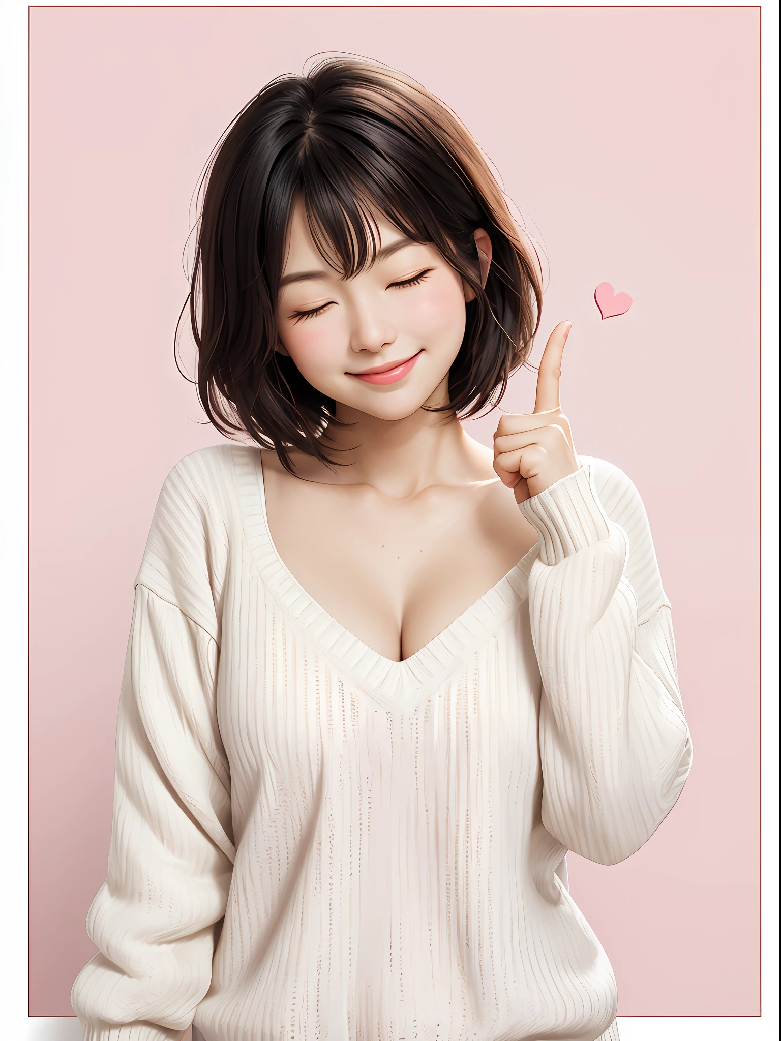 1girl, solo, portrait, close-up, straight-on, thick outlines, mature female, milf, one eye closed, wink, smile, (index finger on lips:1.2), head tilt, black hair, short hair, long bangs, hair between eyes, brown eyes, v-neck, white sweater, collarbone, cleavage, pink background, white border, outside border, spoken heart,