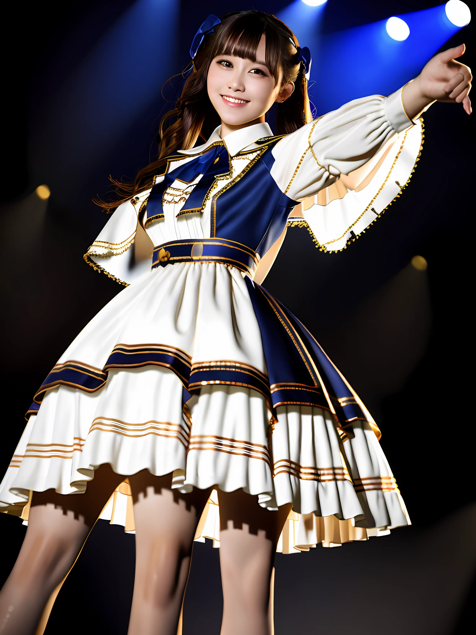 realistic, photorealistic, masterpiece, best quality, 1girl, solo, in stage, stage lighting, stage spotlight, looking at viewer, smile, idol_singing_costume,light_version, (pureerosface_v1:0.8),