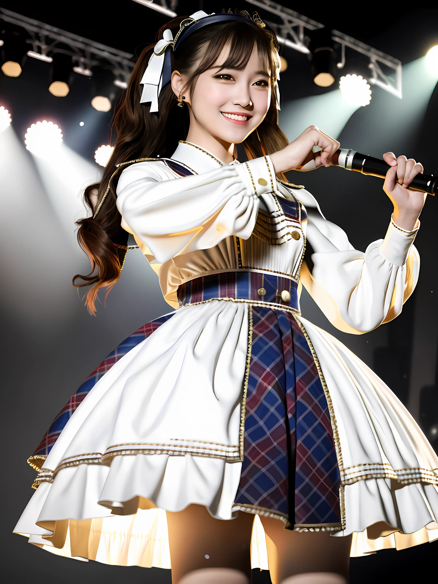 realistic, photorealistic, masterpiece, best quality, 1girl, solo, in stage, stage lighting, stage spotlight, looking at viewer, smile, idol_singing_costume,light_version, (pureerosface_v1:0.8),