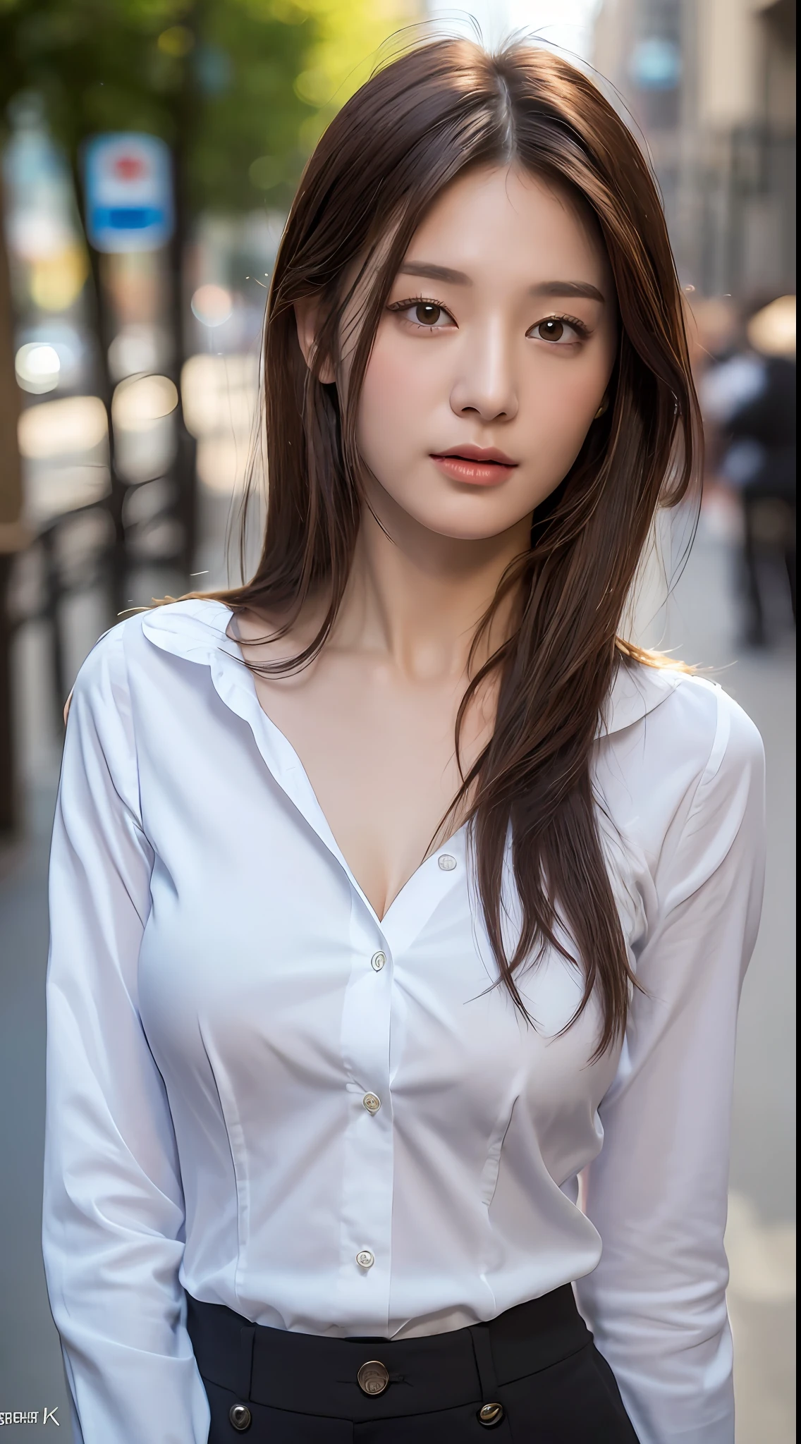 ((Best quality, 8k, Masterpiece :1.3)), Sharp focus :1.2, A pretty woman with perfect figure :1.4, Slender abs :1.2, ((Dark brown hair, Big breasts :1.2)), (White button up long shirt :1.1), City street:1.2, Highly detailed face and skin texture, Detailed eyes, Double eyelid