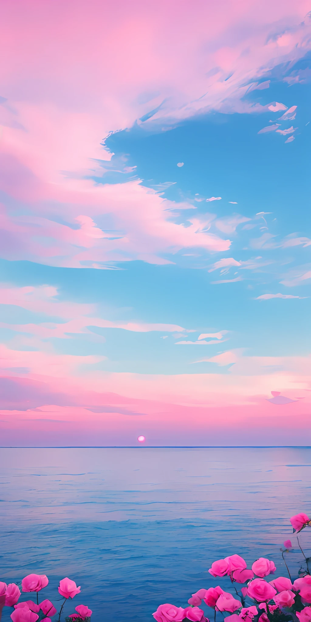 Pink moon, pink sky, soft pink clouds, pink ocean waves shimmering, sparkling, pink roses on pink ocean, fantasy, diamond, crown, universe, soft light,