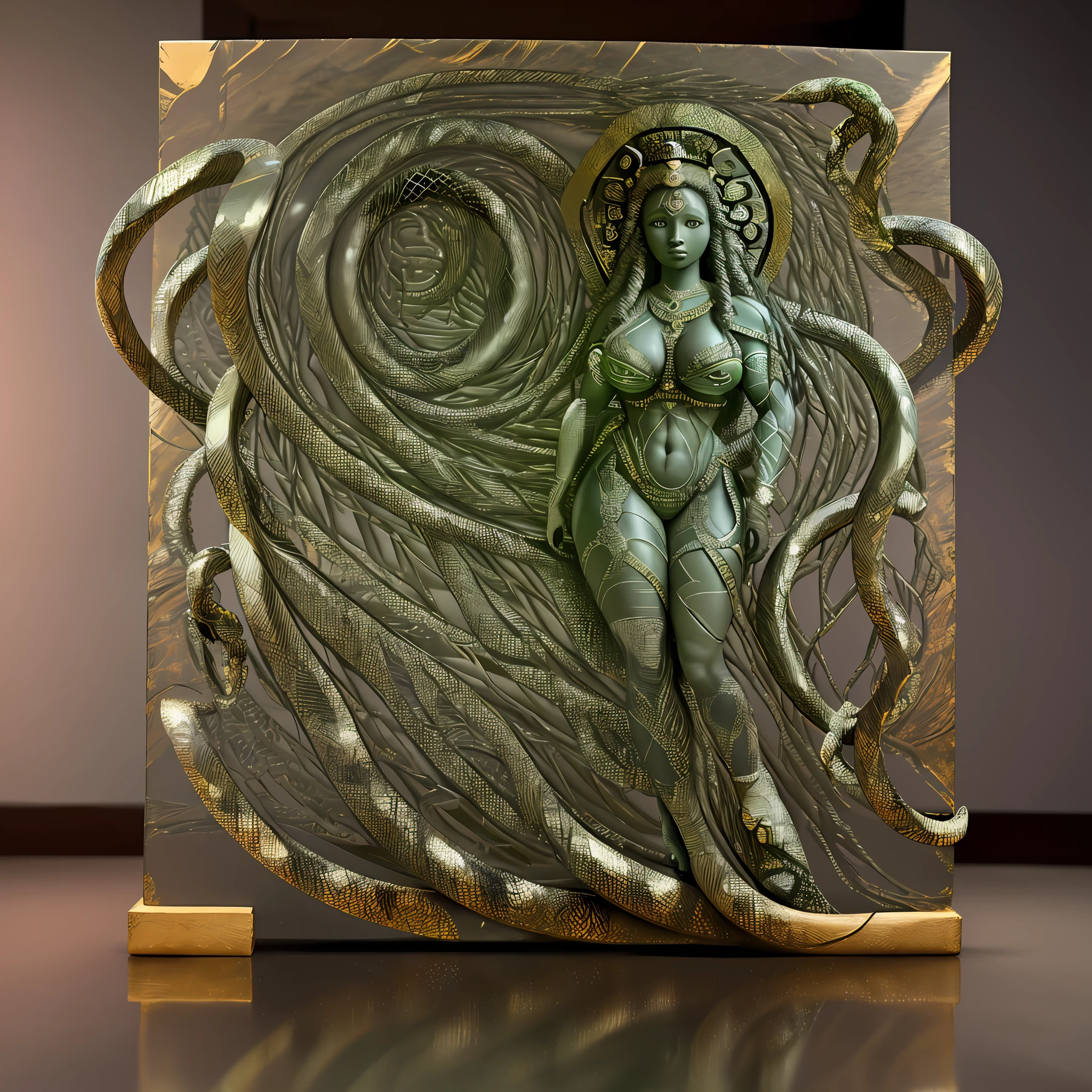 African Goddess marble statue with broken arm, medusa snakes long hair over body, perfect body structure, perfect body line, she has a jiggly fat round belly, voluptuous body,  perfect muscle curve, standing in the mist (mysterious: 1.2), sweet expression, sacred hall, detailed face, masterpiece, best quality, intricate detail, absurdity, high detail RAW color photo, very detailed, rough lighting, cinematic lighting, contrast, bright light, gigapixel, 8k resolution, film, octane rendering, unreal, high definition, 8k uhd, professional lighting, photon mapping , Teleportion, Physically Based Rendering, Award Winning Photography, Backlight, Ray Tracing, Film Lighting