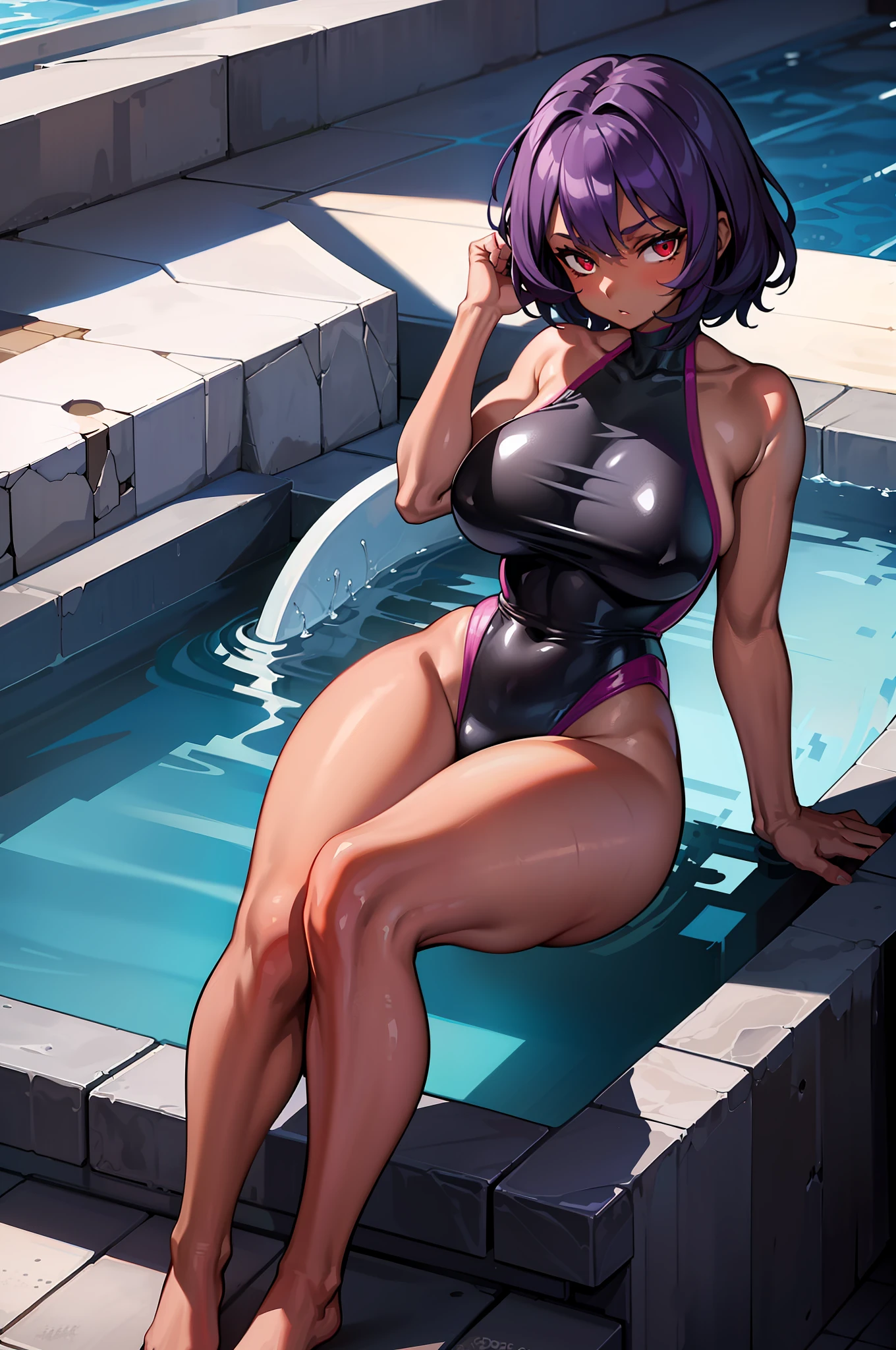((masterpiece)),(best quality),(detailed),(1girl), short purple hair, messy hair, red eyes,expressioness, one-piece swinsuit, looking at viewer, bobcut, (dark skin:1.3), ????????????, full body, school pool
