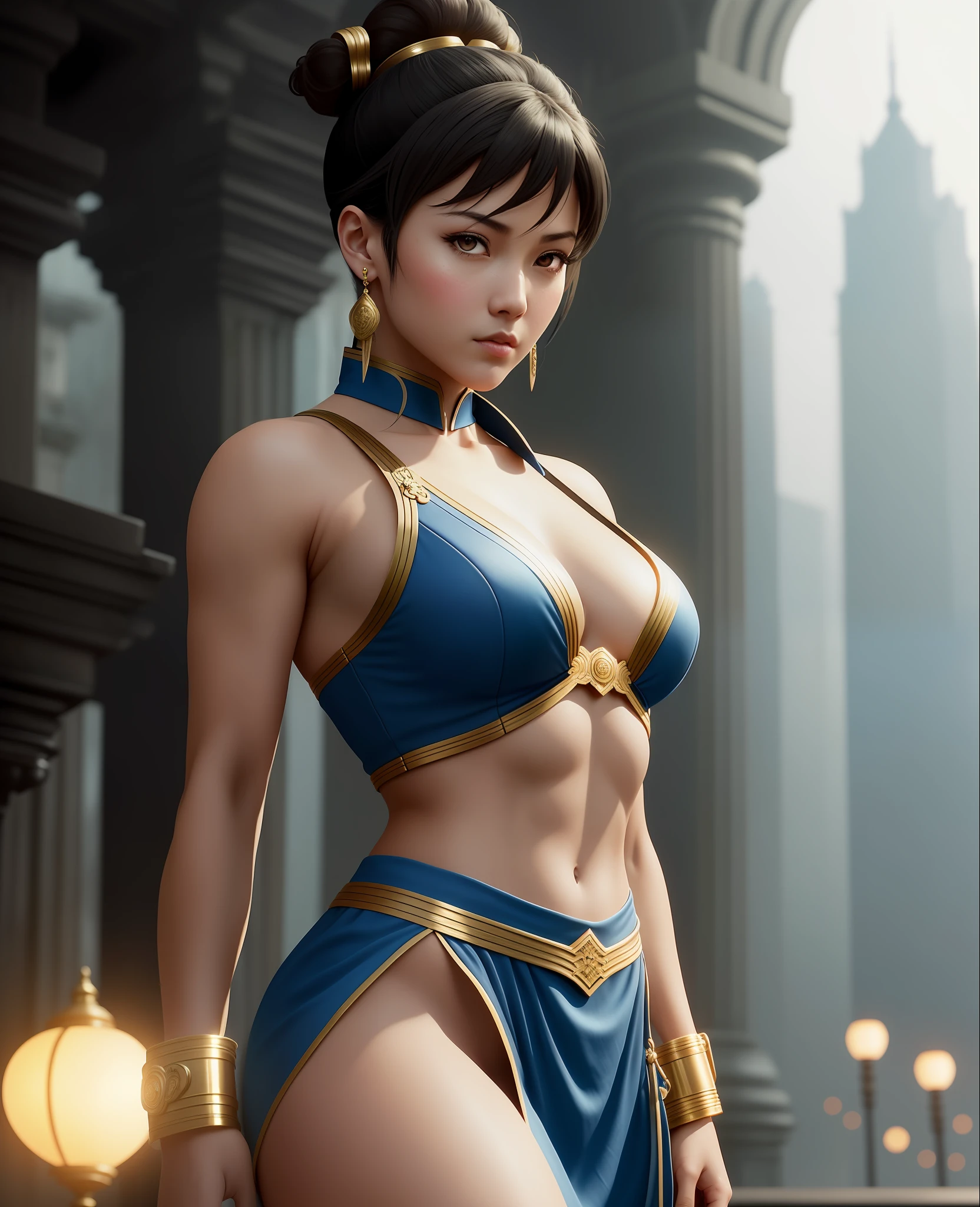 street fighter chun li, twin bun black hair, blue earrings, thick lips, defined body, cleavage, light blue outfit with small yellow details, bare arms with black and golden bracers, brown pantyhose, elegant, highly detailed, chinese market city background, accurate details, detailed face, dramatic, intricate, elegant, highly detailed, digital painting, artstation, concept art, smooth, sharp focus, illustration, art by gustave dore, octane render, 4k, (solo:1.4)