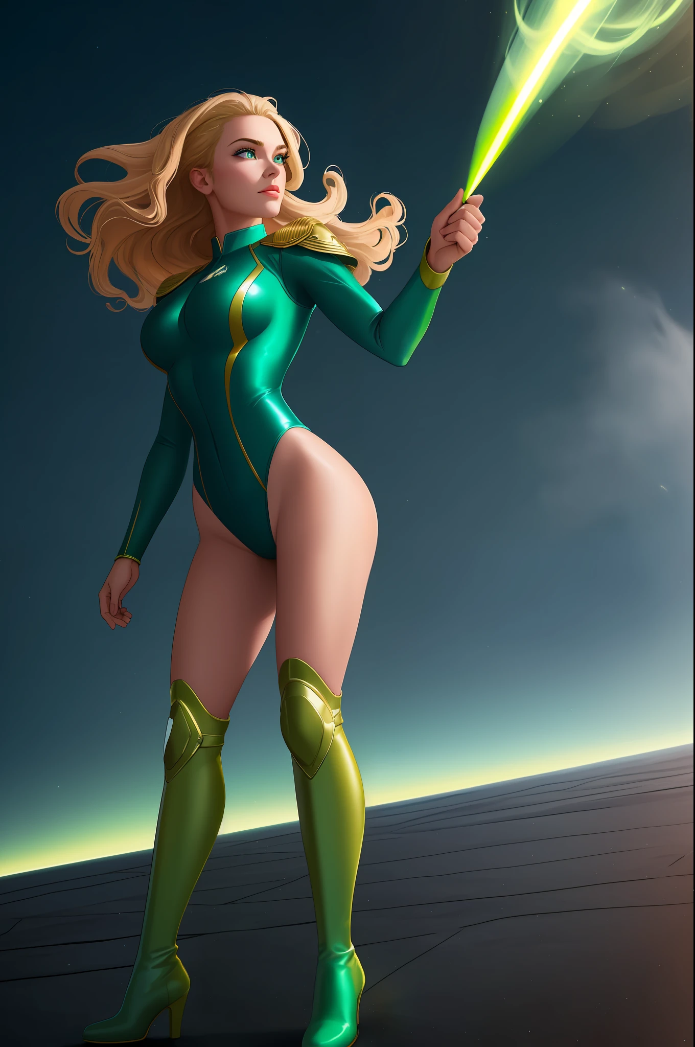 ((best quality)), ((masterpiece)), ((ultra realistic)), (dynamic sexy pose), american blonde, beautiful detailed face, detailed eyes, sexy us military officer, dressed in a green and white leotard, city backdrop, neon edge lighting, highly detailed, professional, bare legs, full body, medium hair, super spin, matching blue boots, tornado spin, standing, twirl, spinning cyclone, cyclone winds, powering up, wind particles, dust particles, cyclone particles, super spin,