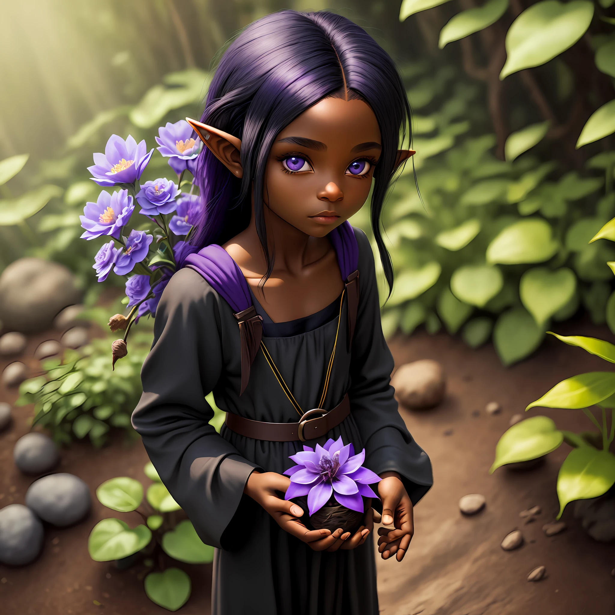 (best quality), a small black elf of exotic appearance, black hair with purple locks and blue eyes, dressed in a baggy outfit in earthy tones, holding a small flower in her delicate hand, in an ethereal environment with a soft light.