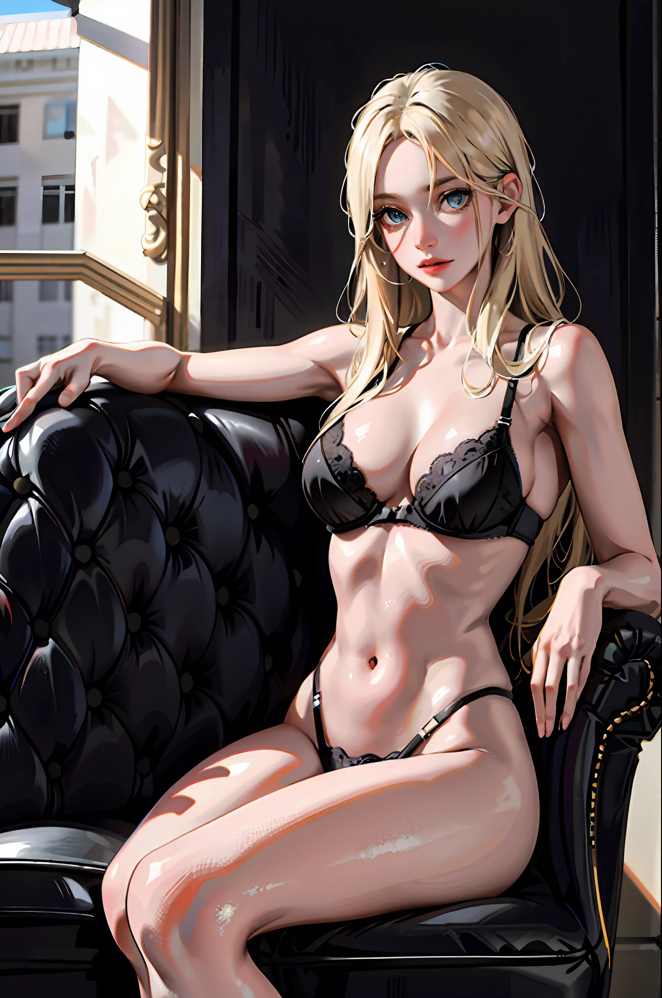 a 29-year-old girl, best quality, masterpiece, (realistic: 1.2), just one girl, light blonde hair, cyan eyes, detailed forehead, face and chest, beautiful eyes, large chest, smaller head, ear hair coverings, real face, real skin, realistic face, realistic skin, rough skin, naked, black lingerie, black bra, full body, cleavage, Aurora Aksnes