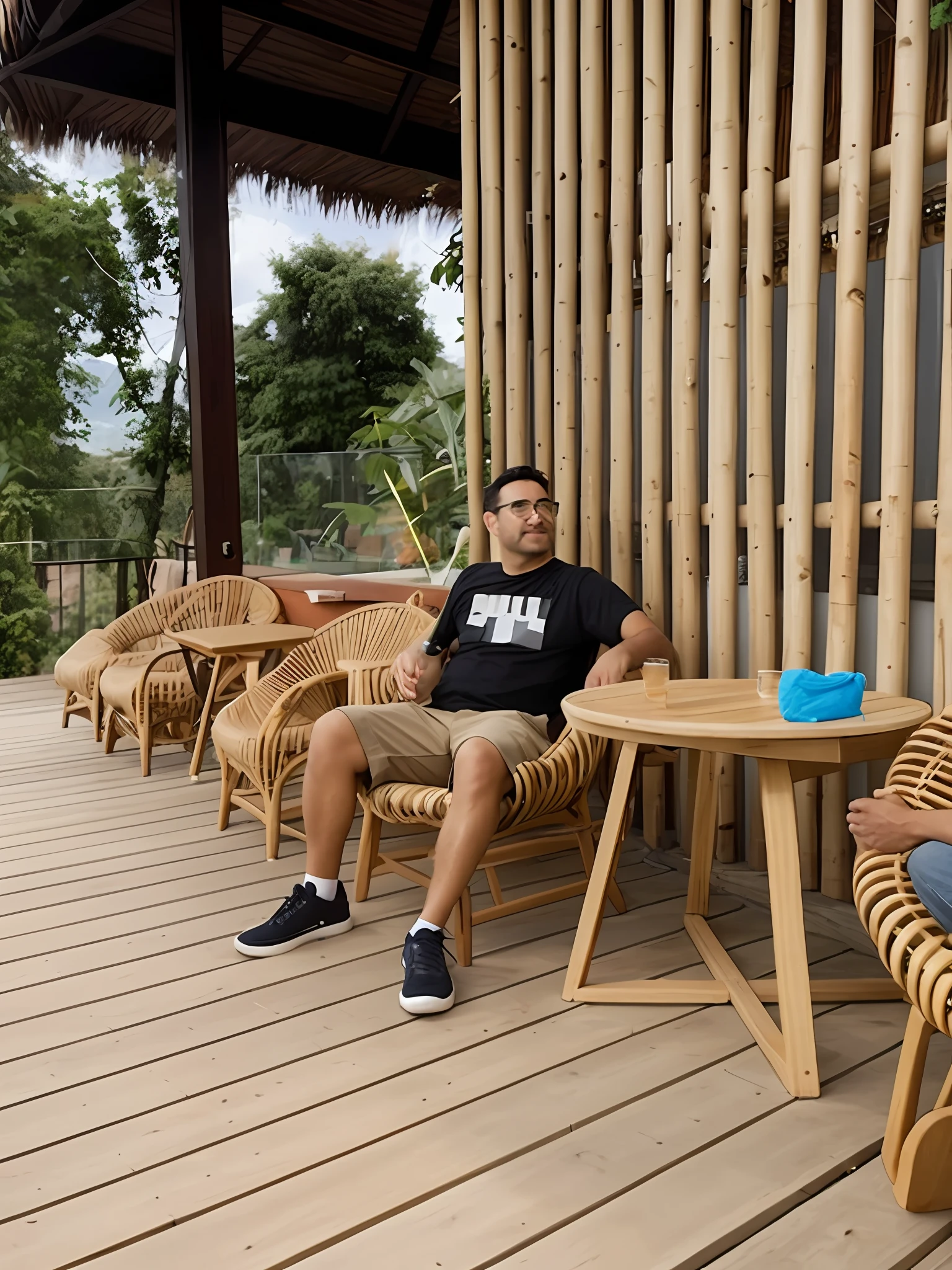 there is a men sitting on chairs on a wooden deck, sitting down casually, relaxing after a hard day, sitting in a lounge, at the terrace, sitting in a cafe, sitting relax and happy, taken with sony alpha 9, sitting in chair, shot with sony alpha 1 camera, sitting down, taking a smoke break, sitting on chair,fair skin age 35