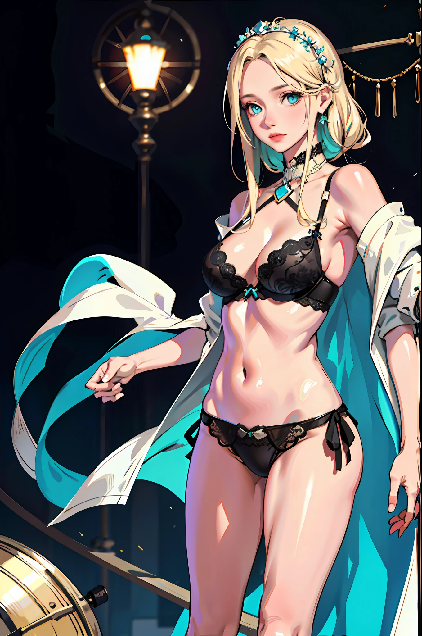 a 29-year-old girl, best quality, masterpiece, (realistic: 1.2), just one girl, light blonde hair, cyan eyes, detailed forehead, face and chest, beautiful eyes, large chest, smaller head, ear hair coverings, real face, real skin, realistic face, realistic skin, rough skin, naked, black lingerie, black bra, full body, cleavage, Aurora Aksnes