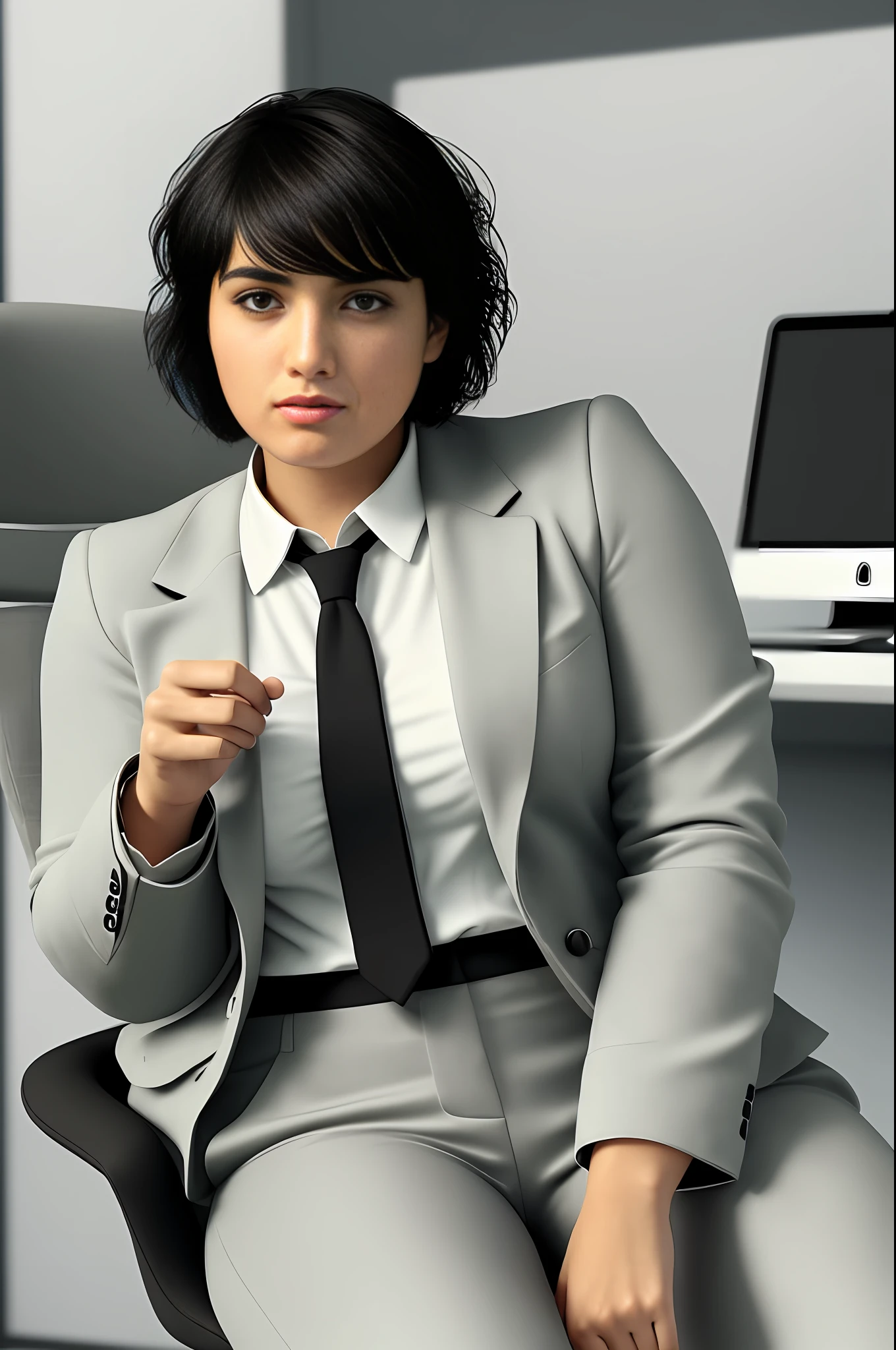 A Brazilian woman, (chubby: 1.5), male body, 1.5m tall, (chubby 75kg), (short hair: 0.3), (Pixie cut) (straight hair), (black hair), (round face: 1.7) wearing ((pants)) and (TOMBOY male black social suit), (((black TOMBOY style))), female tie, with curly arms, ((((serious business woman pose))), inside the office, (four fingers and a thumb), (soft tones:1.25), (HDR:1.25), (artstation:1.2), dramatic, (intricate details:1.14), (hyperrealistic 3d render:1.16), (filmic:0.55), (rutkowski:1.1), (faded:1.3)