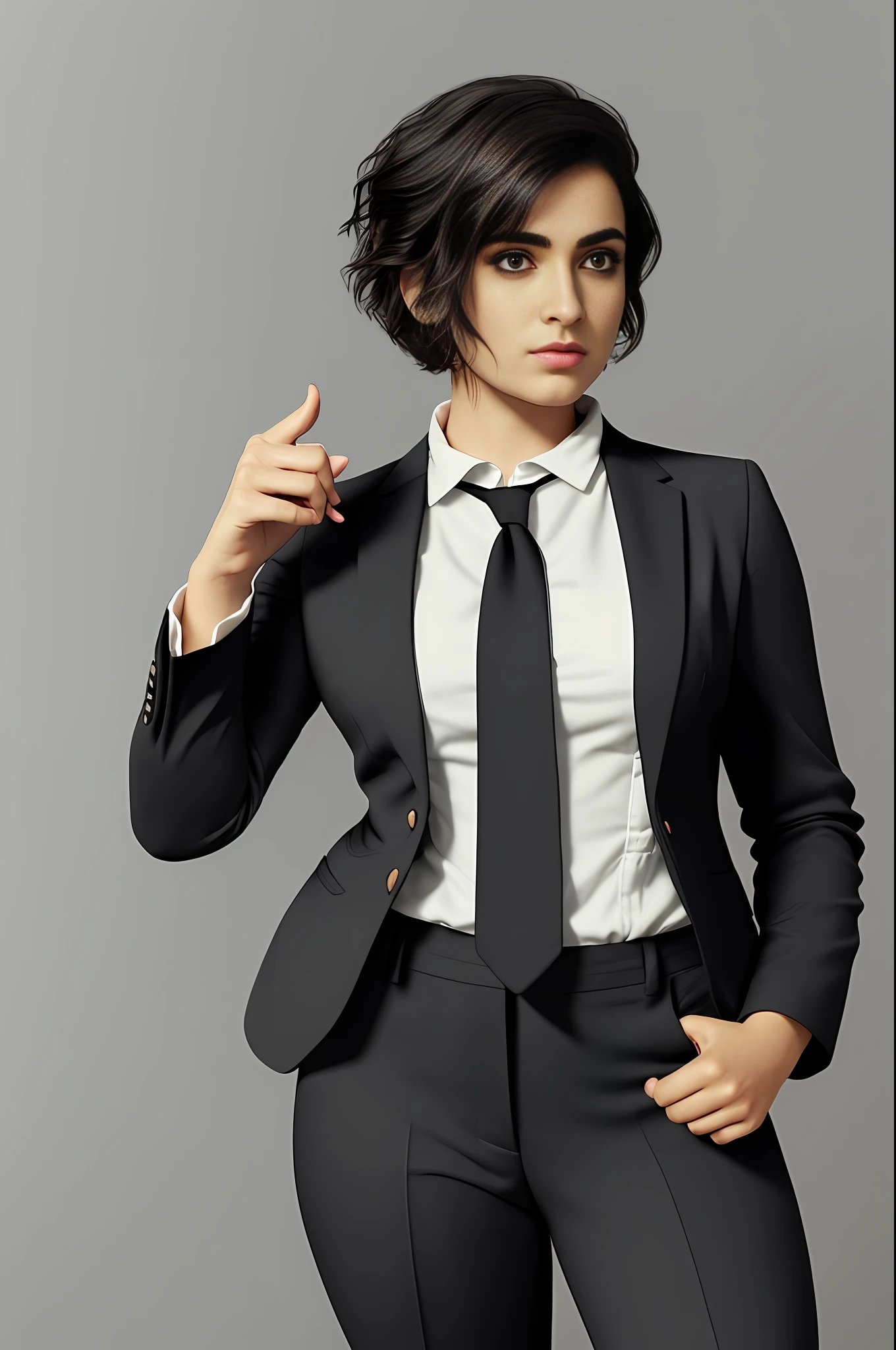 A Brazilian woman, (chubby: 1.5), male body, 1.5m tall, (chubby 75kg), (short hair: 0.3), (Pixie cut) (straight hair), (black hair), (round face: 1.7) wearing ((pants)) and (TOMBOY male black social suit), (((black TOMBOY style))), female tie, with curly arms, ((((serious business woman pose))), inside the office, (four fingers and a thumb), (soft tones:1.25), (HDR:1.25), (artstation:1.2), dramatic, (intricate details:1.14), (hyperrealistic 3d render:1.16), (filmic:0.55), (rutkowski:1.1), (faded:1.3)