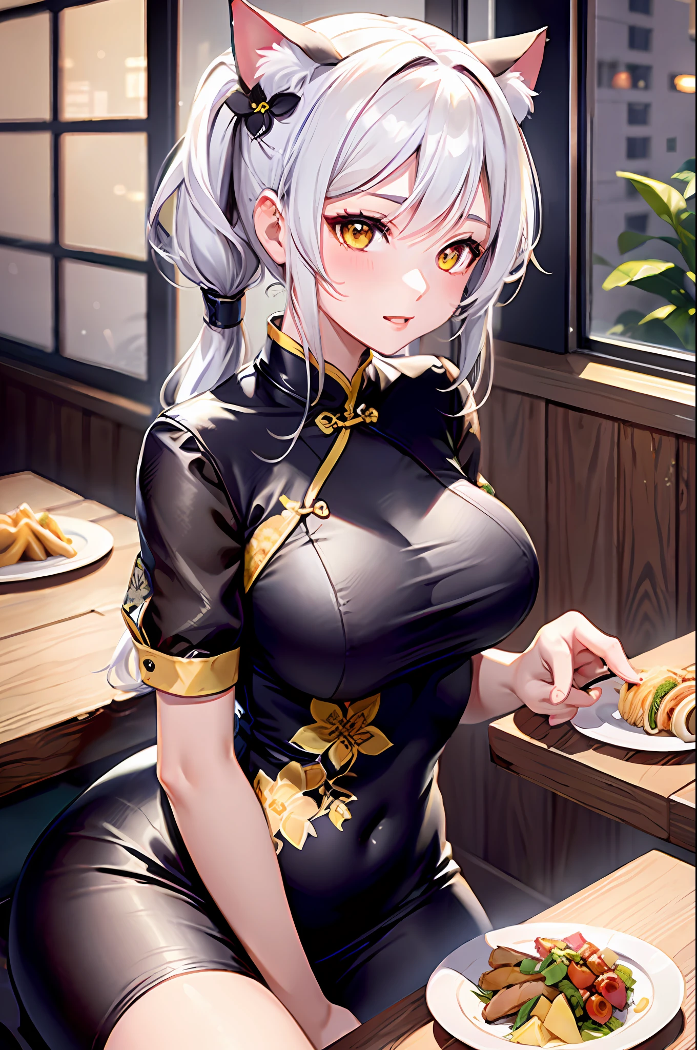 masterpiece, high resolution, high quality, yellow cheongsam, eateries, big breasts, cat ears, floral pattern, yellow eyes, white hair, twin tails