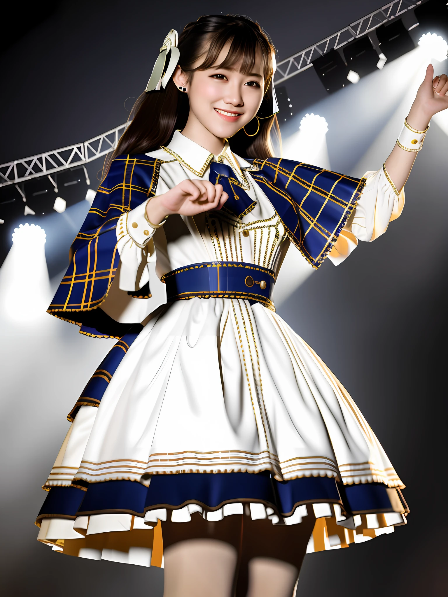 realistic, photorealistic, masterpiece, best quality, 1girl, solo, in stage, stage lighting, stage spotlight, looking at viewer, smile, idol_singing_costume,light_version, (pureerosface_v1:0.8),