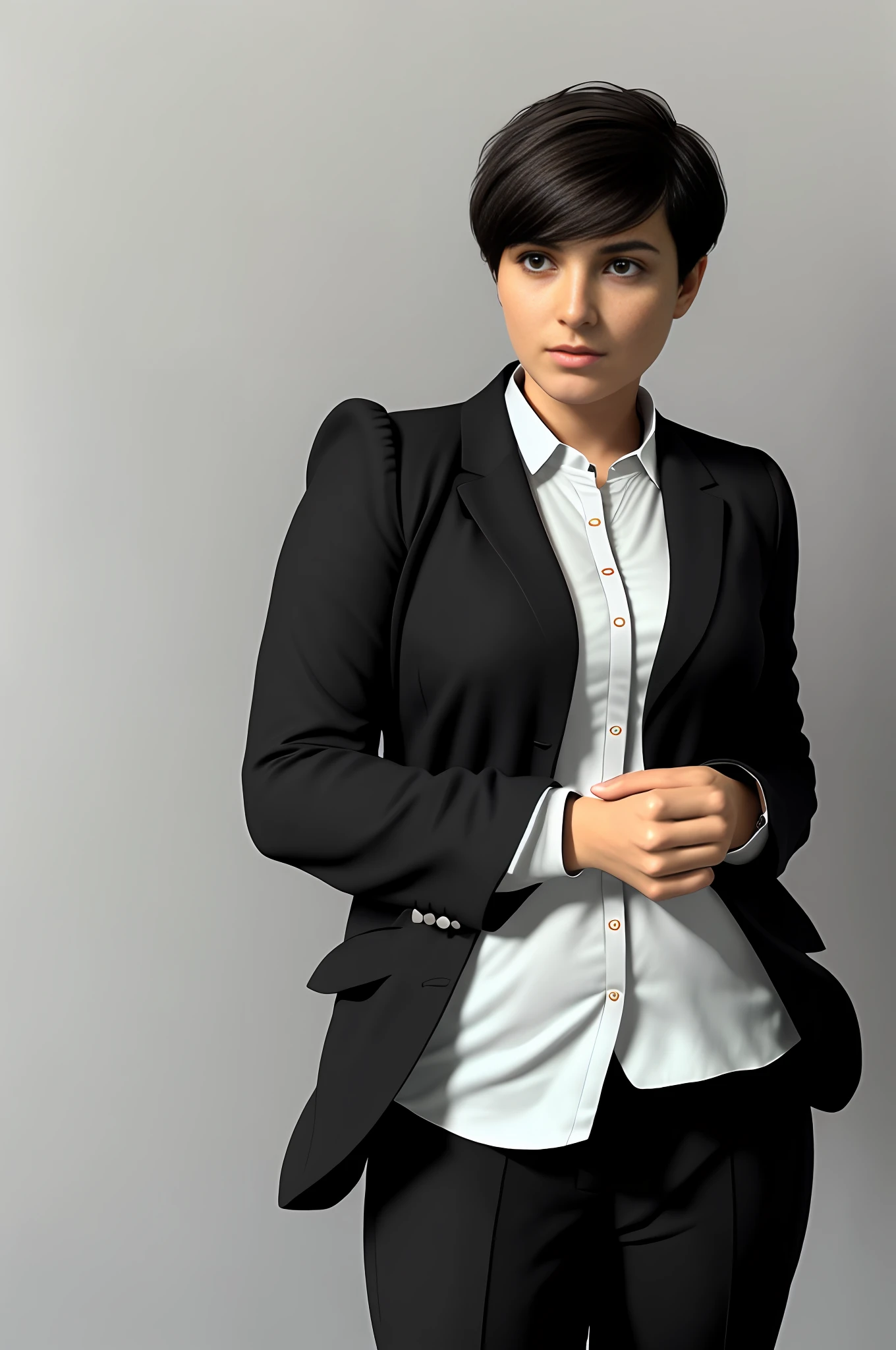 A Brazilian woman, (chubby: 1.5), male body, 1.5m tall, (chubby 75kg), (short hair: 0.3), (Pixie cut) (straight hair), (black hair), (round face: 1.7) wearing ((pants)) and (TOMBOY male black social suit), (((black TOMBOY style))), (((female tie))), with curled arms, ((((serious business woman pose))), inside the office, (four fingers and a thumb), (soft tones:1.25),  (HDR:1.25), (artstation:1.2), dramatic, (intricate details:1.14), (hyperrealistic 3d render:1.16), (filmic:0.55), (rutkowski:1.1), (faded:1.3)