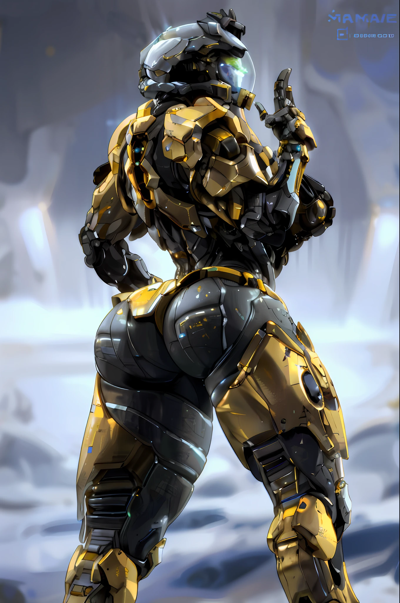 a close up of a person in a suit holding a gun, thick smooth warframe thighs, yellow space suit, yellow human-sized warforged, gold heavy armor. dramatic, gold sci - fi armour, of a beautiful female warframe, silver and gold heavy armor, starcraft 2 videogame character, thick warframe legs, vivec robot, power armor