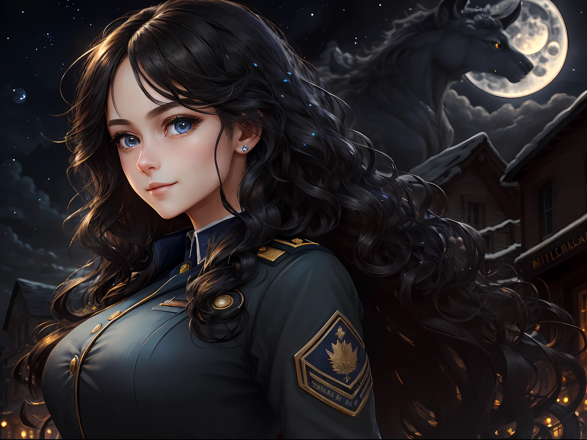 masterpiece, best quality, detailed face, beautiful detailed eyes, finely detailed, ultra-detailed, realistic, dynamic angle, 1girl, black hair, long hair, wavy hair, blue eyes, small breasts, blue military uniform, town, town background, nighttime, moonlight, slight smile, perfect proportions, realistic face