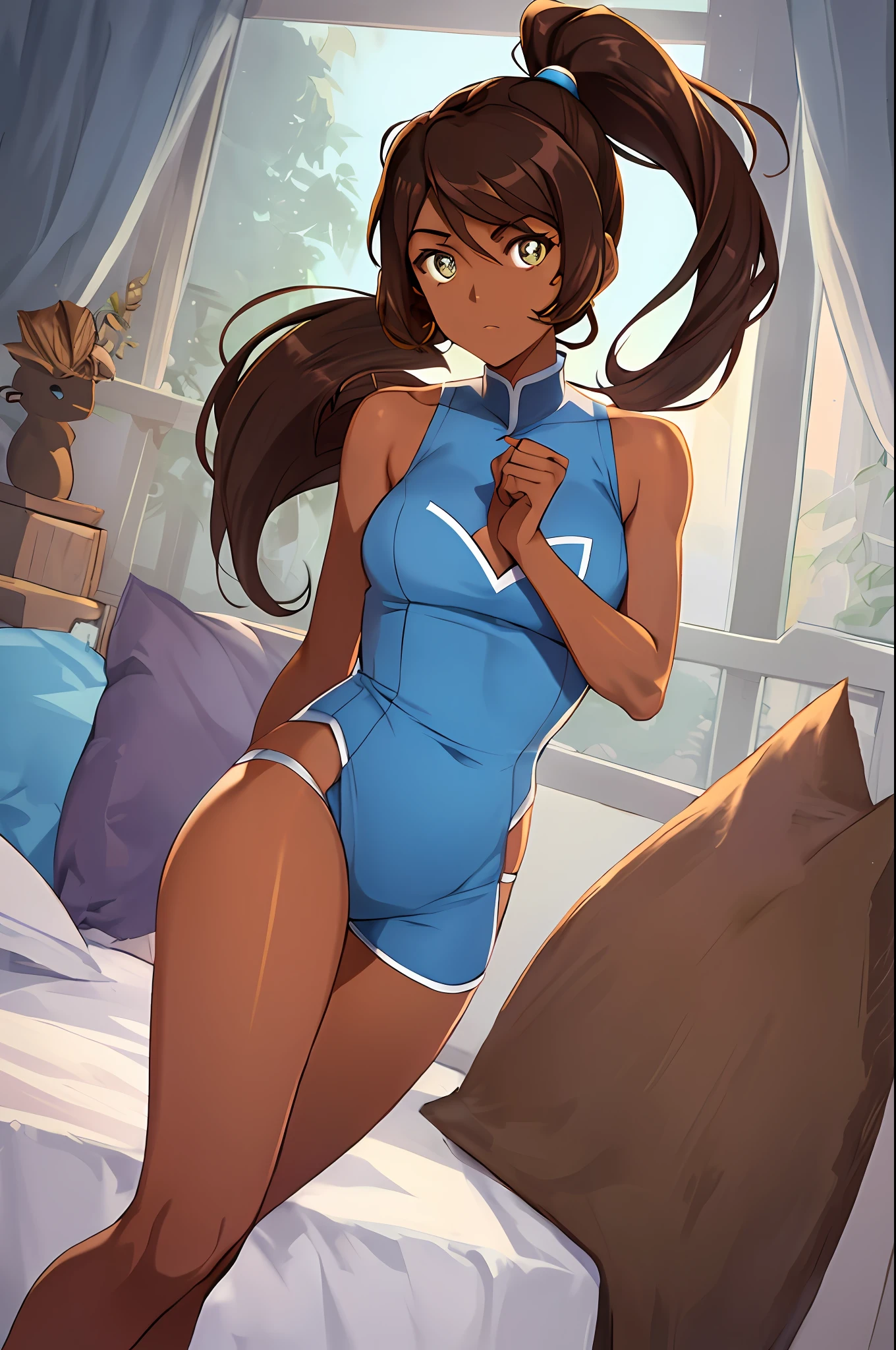 Anime style, masterpiece, best quality, 1girl, korra, solo, (dark skin: 1.5, brown skin: 1.5, brown hair, hair tubes), ponytail, long hair, topknot, breasts, bare shoulders, posing in cat cosplay in bedroom