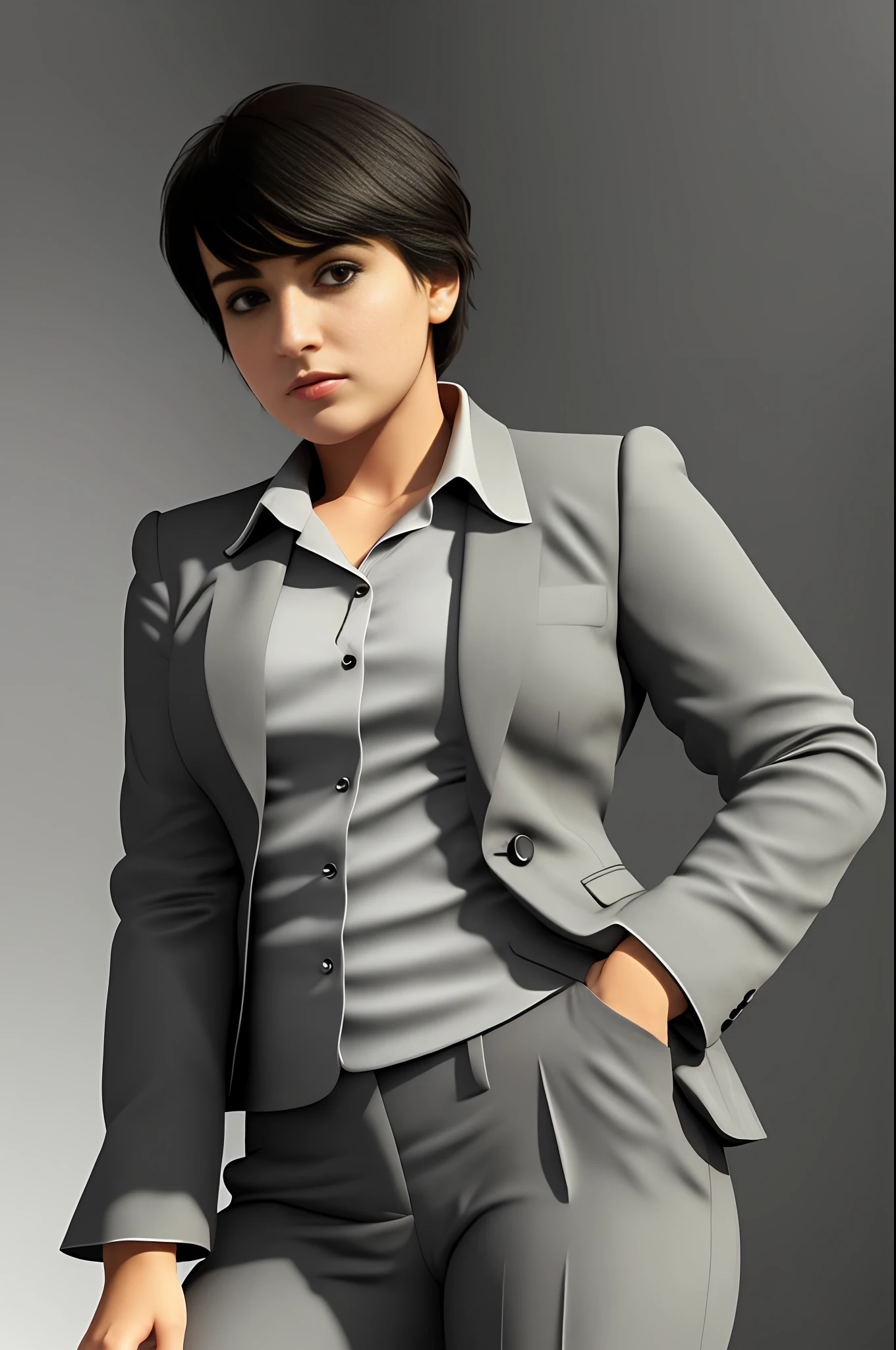 A Brazilian woman, (chubby: 1.5), male body, 1.5m tall, (chubby 75kg), (short hair: 0.3), (Pixie cut) (straight hair), (black hair), (round face: 1.7) wearing ((pants)) and (TOMBOY male black social suit), (((black TOMBOY style))), female tie, with curly arms, ((((serious business woman pose))), inside the office, (four fingers and a thumb), (soft tones:1.25), (HDR:1.25), (artstation:1.2), dramatic, (intricate details:1.14), (hyperrealistic 3d render:1.16), (filmic:0.55), (rutkowski:1.1), (faded:1.3)