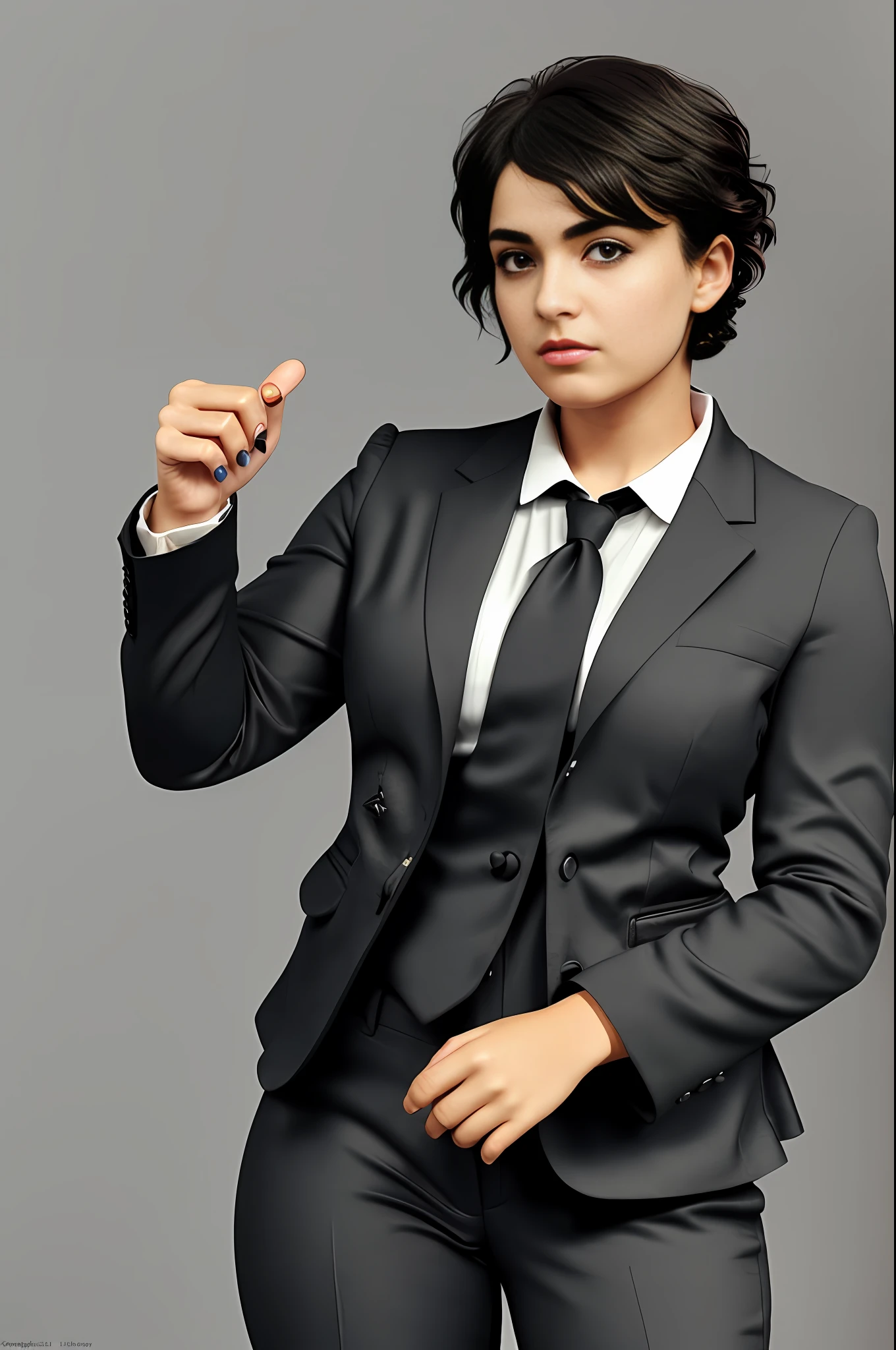 A Brazilian woman, (chubby: 1.5), male body, 1.5m tall, (chubby 75kg), (short hair: 0.3), (Pixie cut) (straight hair), (black hair), (round face: 1.7) wearing ((pants)) and (TOMBOY male black social suit), (((black TOMBOY style))), female tie, with curly arms, ((((serious business woman pose))), inside the office, (four fingers and a thumb), (soft tones:1.25), (HDR:1.25), (artstation:1.2), dramatic, (intricate details:1.14), (hyperrealistic 3d render:1.16), (filmic:0.55), (rutkowski:1.1), (faded:1.3)