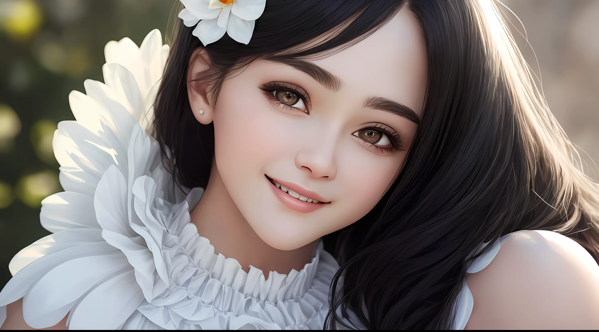 World's Most Beautiful Woman Pictures, Ultra Realistic, Cosplay, Black Eyes, Black Hair, Smile, ((Top Quality, 8k, Masterpiece: 1.3)), Clear Focus: 1.2, (Layer Cut, Big: 1.2), Perfect Figure Beauties: 1.4, Thin Abs: 1.2, Wet Body: 1.5, Highly Detailed Face and Skin Texture, Detailed Eyes, Double Eyelids, World's Cutest Woman, Daylight, Sunlight, Live Action, White Dress, The world's most realistic skin feel