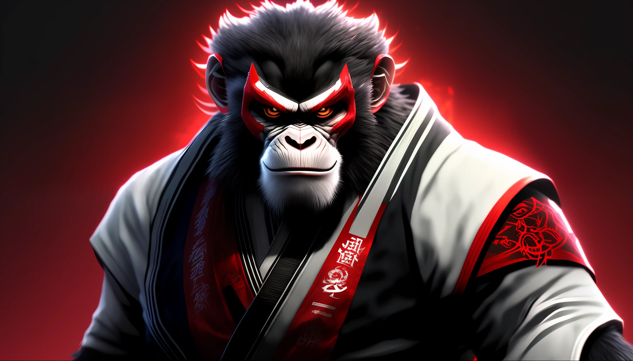 extremely detailed 8k wallpaper), intricate, richly detailed, dramatic, (monkey with white jiu-jitsu kimono), Tekken style, ready for combat, Sinister face is drawn with only a pair of red eyes peeking underneath, graphics insanely, the light is reflected in the ornaments, dark, show the whole person with some distance from the surroundings to get your own license.