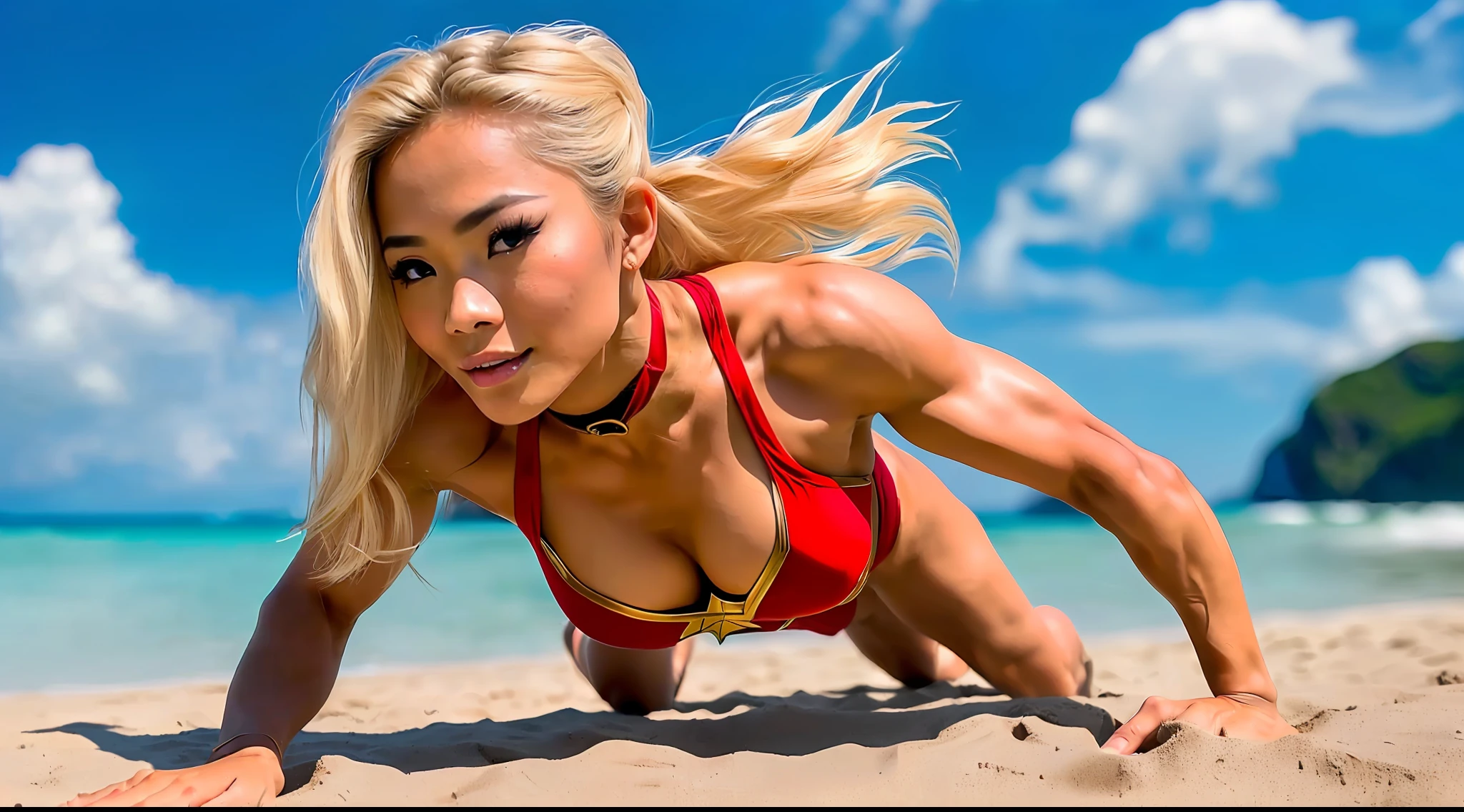 young beautiful Thai woman, blond hair, bodybuilder physique, as Wonderwoman doing pushups on the beach, masterpiece, best quality, ultra-detailed, cheerful, happy, (look at viewer:1.2) (skin texture), cinematic, Key light, backlight, natural lighting, photography 400 ISO film grain 30mm lens RAW aperture f1.8, art photographer, movie still poster from Lord of the Rings, medium intricate print, choker