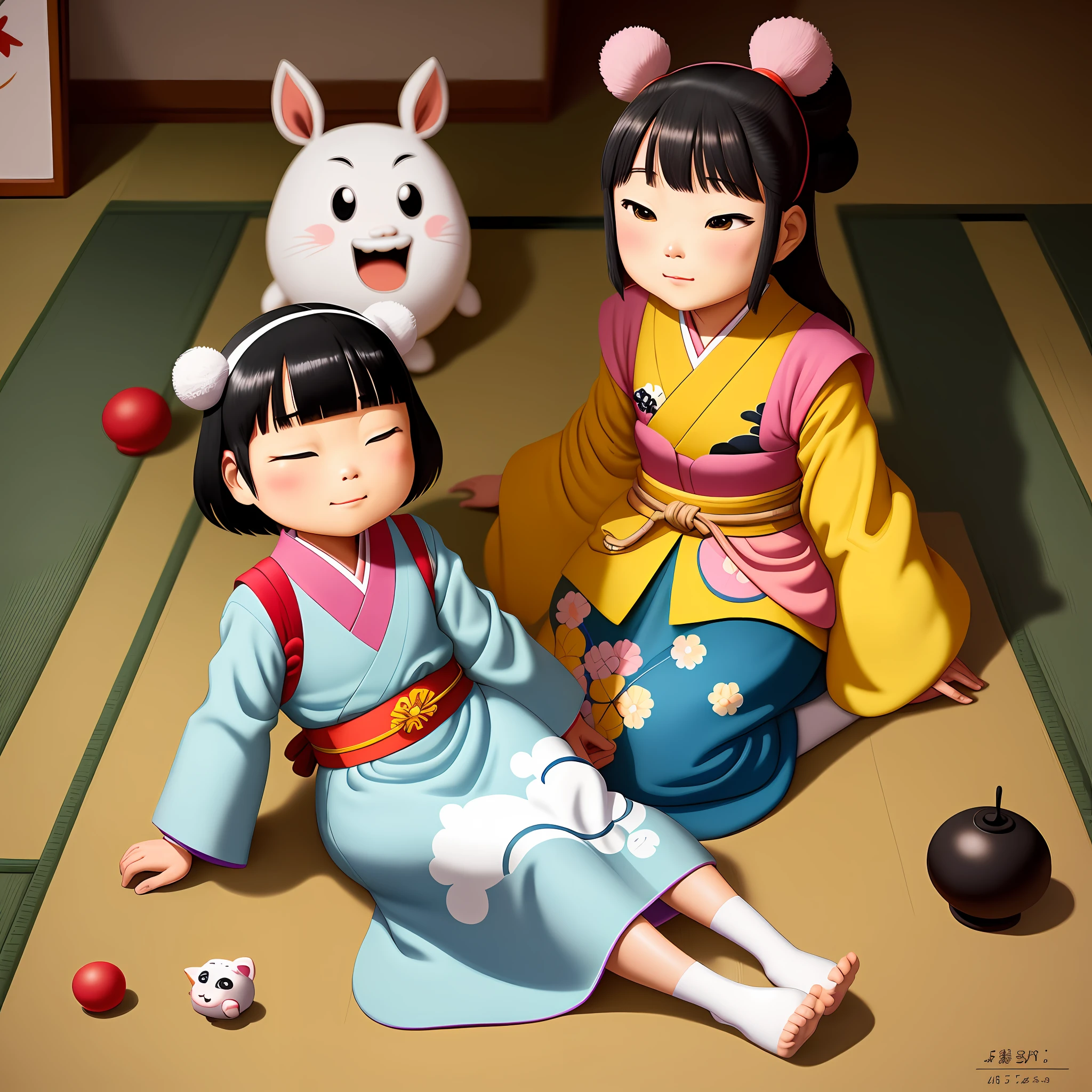 there are many cartoon characters on the surface of the floor, an ultrafine detailed painting inspired by Matsuno Chikanobu, tumblr, toyism, japanese cartoon style, hand painted cartoon art style, ghibli colorful, added detail, yoshitomo nara, japanese style painting, eichiro oda, japanese animation style, studio ghibli color cheme