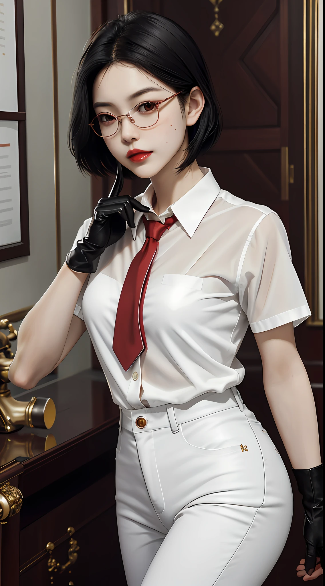 masterpiece, absurdres, best quality ,intricate details ,Don't look at view , (shiny skin, shiny body, shiny oily luster skin, shiny hair, pale skintone), autopsy room , 1girl, short black hair , black hair , eyeglasses , red eyes , red lips , White shirt, Some blood on the shirt , Red tie , Black pants , black gloves ,Perfect body