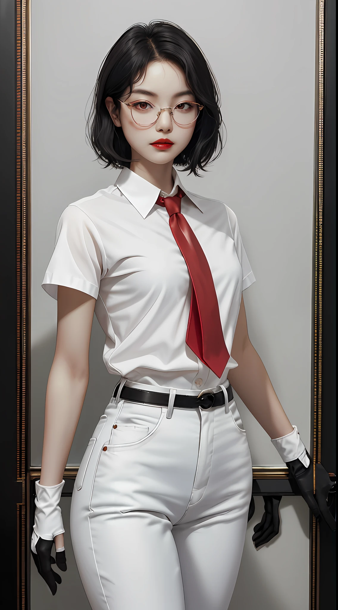 masterpiece, absurdres, best quality ,intricate details ,Don't look at view , (shiny skin, shiny body, shiny oily luster skin, shiny hair, pale skintone), autopsy room , 1girl, short black hair , black hair , eyeglasses , red eyes , red lips , White shirt, Some blood on the shirt , Red tie , Black pants , black gloves ,Perfect body