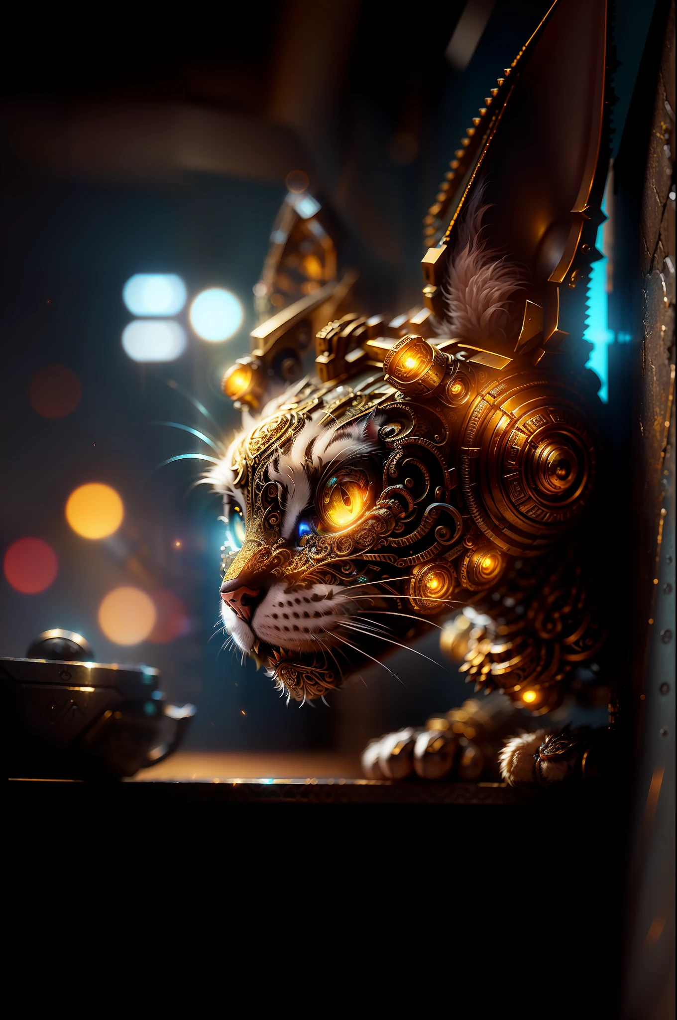 A cute kitten made of metal, cyborg, cyberpunk style, (((intricate details)), hdr, ((intricate details, hyperdetailed)), cinematic shot, vignette ((masterpiece)), (( ultra detailed)), ((best quality)).realistic style, resolution: 4k