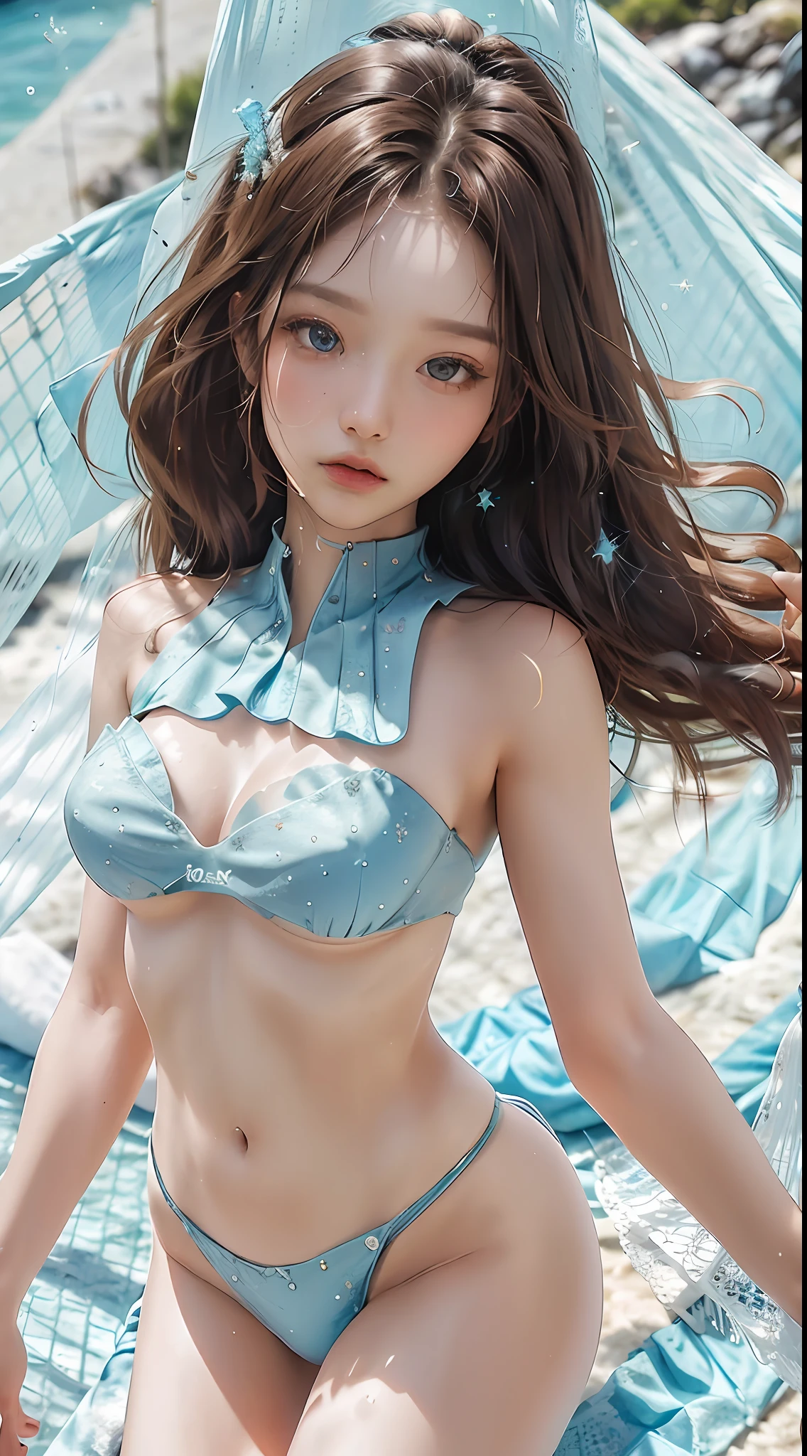 ((Best Quality, 8k, Masterpiece: 1.3)), a beautiful 1 woman, perfect figure: 1.4, slender abs: 1.3, (light brown hair, realistic: 1.2)), (wearing strapless vest blue crystal particles) (wearing sexy thong blue crystal particles), (lying in hammock, hammock, on the beach: 1.2), highly detailed facial and skin texture, detailed eyes, double eyelids.