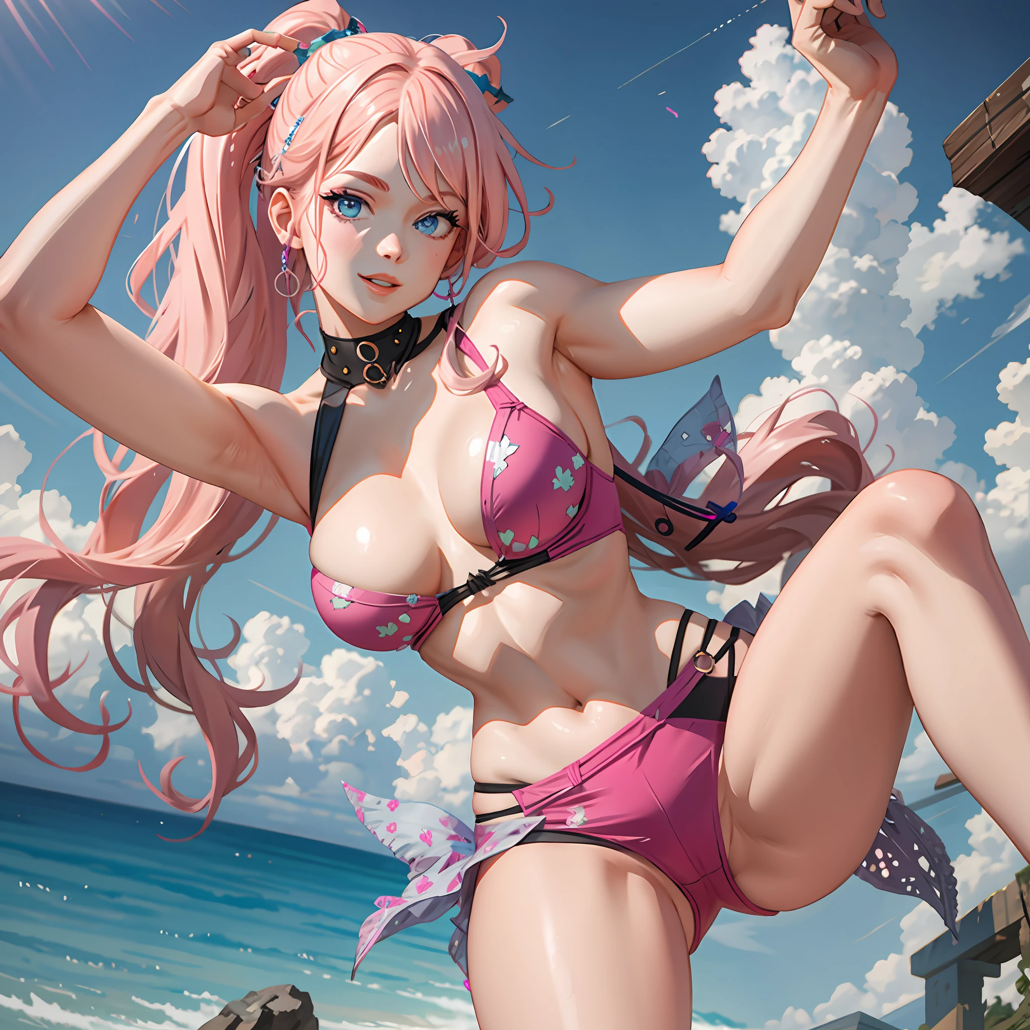 geek with pink hair smiling,big breasts with cleavage, voluptuous body,nsfw:1.5,(Super high antia-aliasing, virtual engine, dof, super resolution, megapixel, FKAA, TXAA, RTX, SSAO, post-processing, post-production, mapping),(complex details, makeup, PureErosFace_V1:0.5)( top quality, best quality, beautiful and aesthetic: 1.2 ,masterpiece, a realistic representation of the face)
