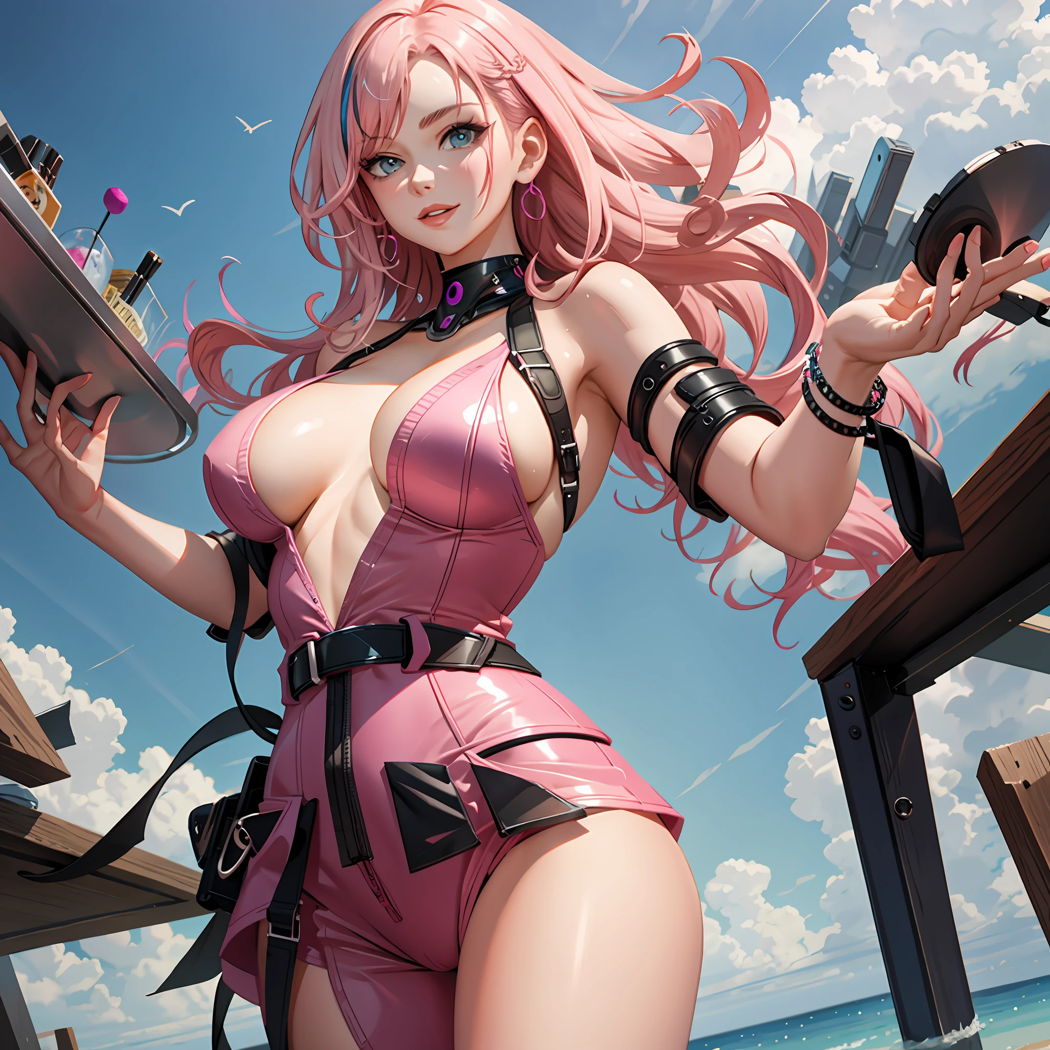 geek with pink hair smiling,big breasts with cleavage, voluptuous body,nsfw:1.5,(Super high antia-aliasing, virtual engine, dof, super resolution, megapixel, FKAA, TXAA, RTX, SSAO, post-processing, post-production, mapping),(complex details, makeup, PureErosFace_V1:0.5)( top quality, best quality, beautiful and aesthetic: 1.2 ,masterpiece, a realistic representation of the face)