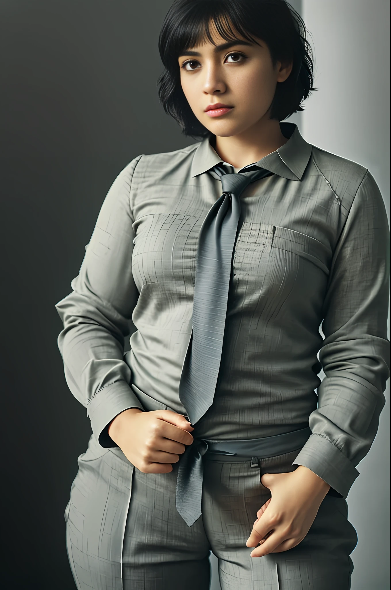 A Brazilian woman, (chubby: 1.5), male body, 1.5m tall, (chubby 75kg), (short hair: 0.3), (Pixie cut) (straight hair), (black hair), (round face: 1.7) wearing ((pants)) and (TOMBOY male black social suit), (((black TOMBOY style))), (((female tie))), with curled arms, ((((serious business woman pose))), inside the office, (four fingers and a thumb), (soft tones:1.25), (HDR:1.25), (artstation:1.2), dramatic, (intricate details:1.14), (hyperrealistic 3d render:1.16), (filmic:0.55), (rutkowski:1.1), (faded:1.3)