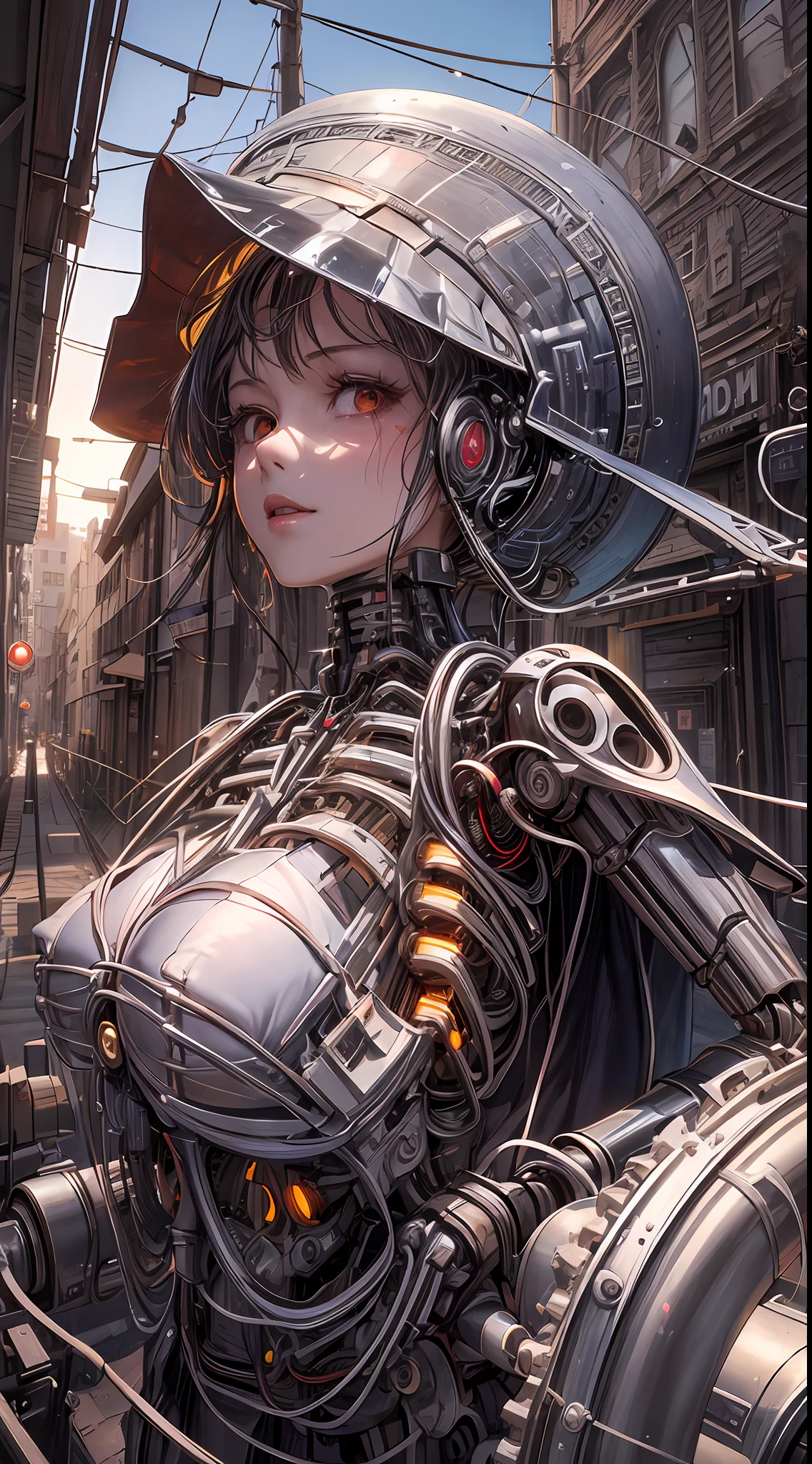 (((masterpiece))), ((best quality)), (ultra-detailed), (CG illustration), (an extremely devious and beautiful)), cinematic light, ((1 mechanical girl)), single, (machine-made joints: 1.4), ((mechanical limbs)), ( blood vessels attached to the tube), ((mechanical spine attached to the back)), ((mechanical cervical vertebrae attached to the neck), ((back to the viewer)), expressionless, (wires and cables attached to the head and body: 1.5), science fiction, apocalypse, ruins