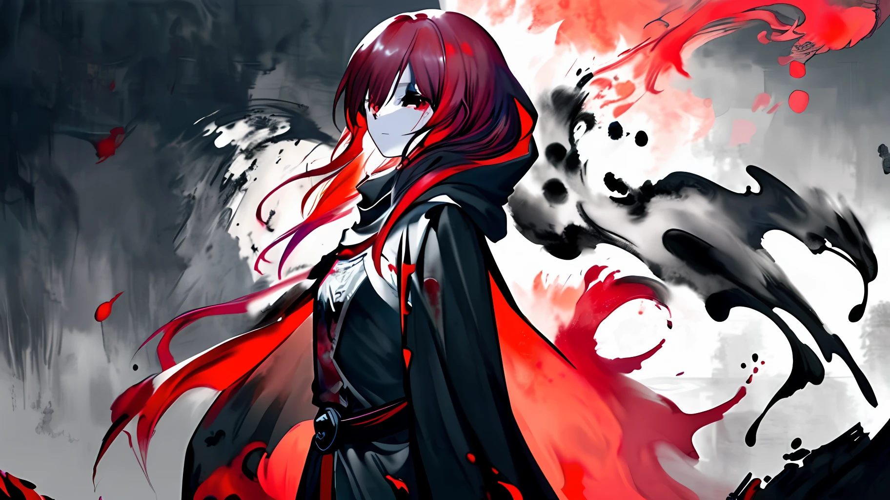 1girl,(red hair)),red eyes,萝,long hair,(loose long hair),((black cloak)),(cape hood),scarf,red moon on the sky,night,floating red flowers falling,upper body,ruins,intense shadows,ash,fire,ice,((Ink wash painting)),((ink splashing)),((color splashing)),