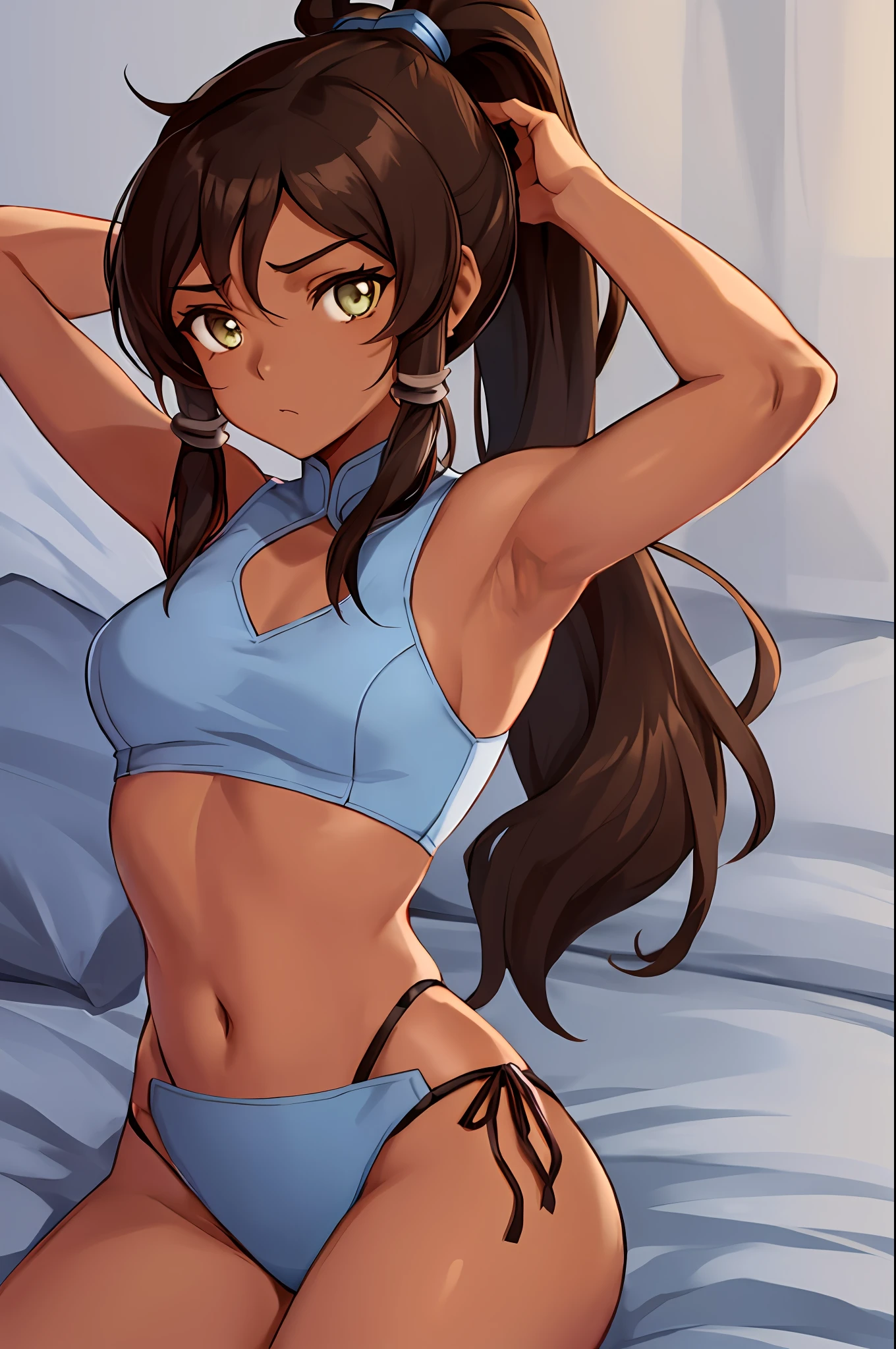 Anime style, masterpiece, best quality, solo, 1girl, korra, (dark skin: 1.5, brown skin: 1.5, brown hair, hair tubes, ponytail, long hair, topknot, bare shoulders), arms up in bed, armpit, sexy lingerie