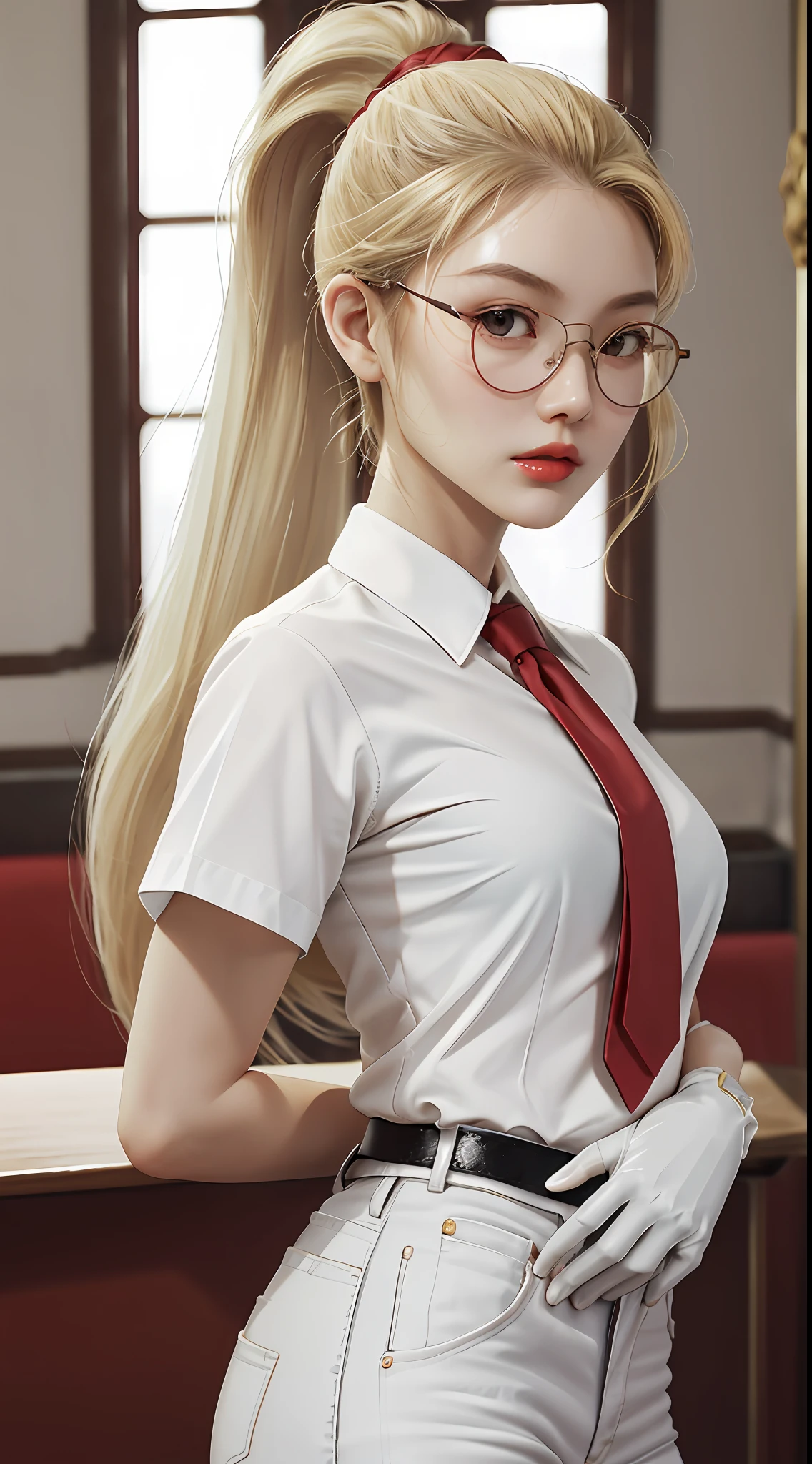 masterpiece, absurdres, best quality ,intricate details ,Don't look at view , (shiny skin, shiny body, shiny oily luster skin, shiny hair, pale skintone), autopsy room , European, 1girl, long blonde hair , ponytail hair , eyeglasses , red eyes , red lips , White shirt, Some blood on the shirt , Red tie , Black pants , black gloves ,curved body