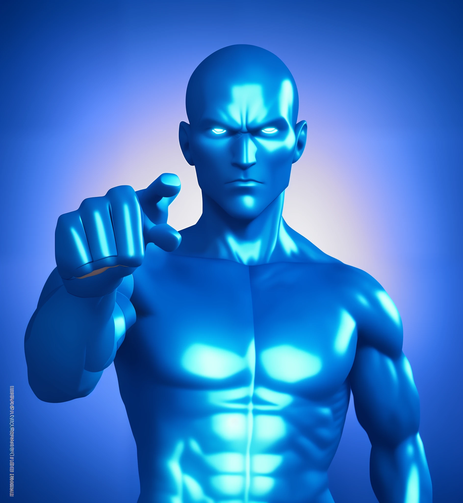 arafed man in blue body paint making a fist gesture, blue cyborg, mma southpaw stance, with pointing finger, heroic masculine pose, pointing index finger, depicted as a 3 d render, blue realistic 3 d render, upper body avatar, blue body, fighting pose, martial art pose, blue metal, fighting stance, male android, fighter pose