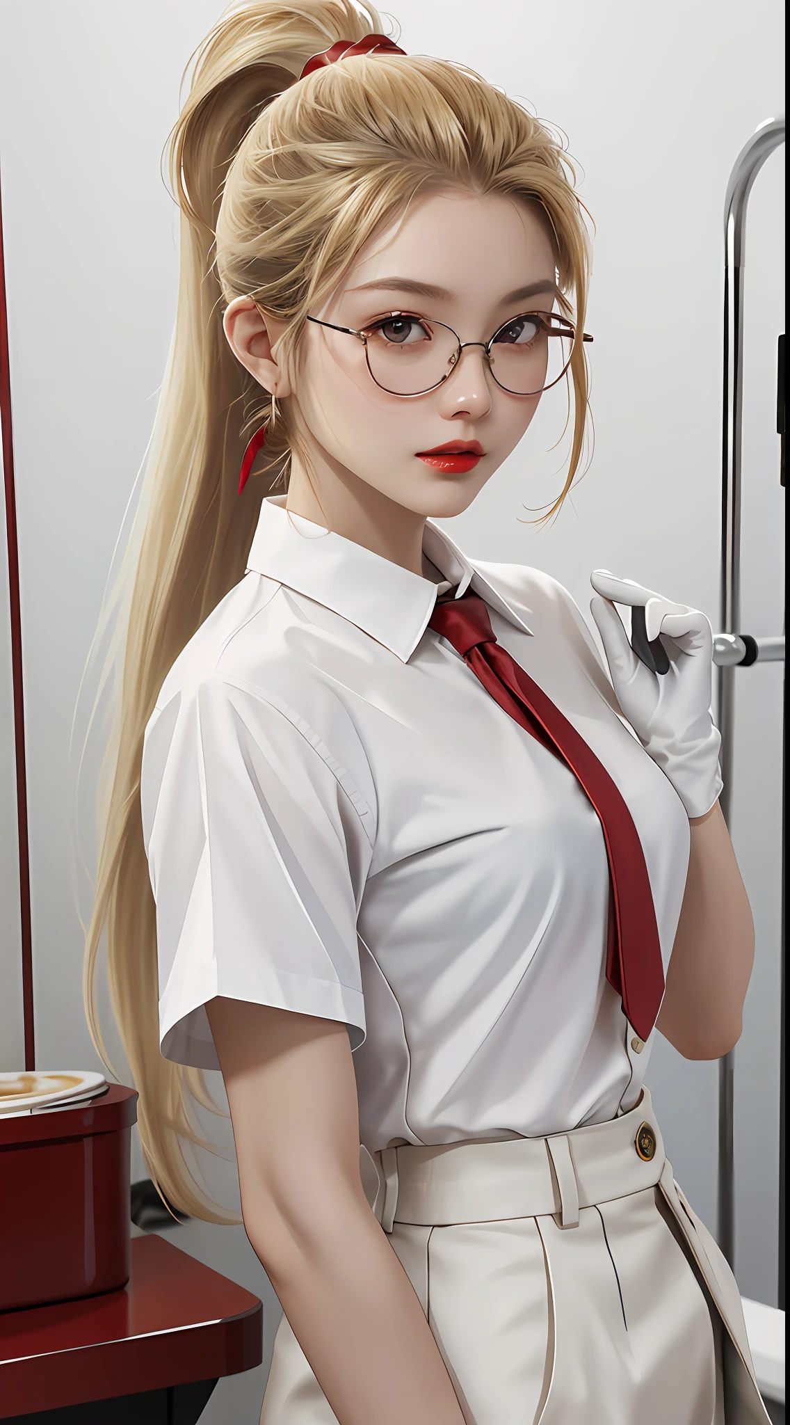 masterpiece, absurdres, best quality ,intricate details ,Don't look at view , (shiny skin, shiny body, shiny oily luster skin, shiny hair, pale skintone), autopsy room , European, 1girl, long blonde hair , ponytail hair , eyeglasses , red eyes , red lips , White shirt, Some blood on the shirt , Red tie , Black pants , black gloves ,curved body