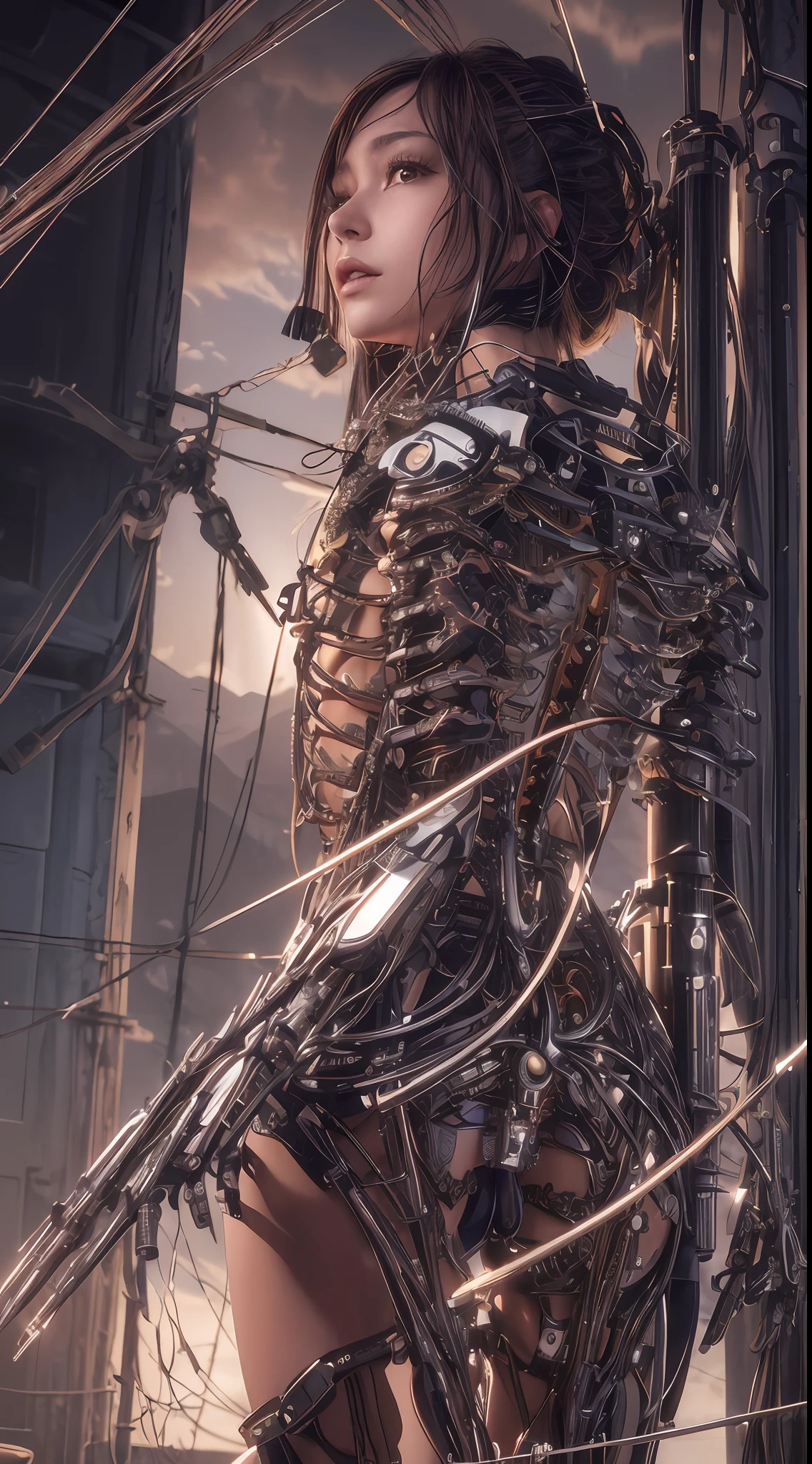 (((masterpiece))), ((best quality)), (ultra-detailed), (CG illustration), (an extremely devious and beautiful)), cinematic light, ((1 mechanical girl)), single, (machine-made joints: 1.4), ((mechanical limbs)), ( blood vessels attached to the tube), ((mechanical spine attached to the back)), ((mechanical cervical vertebrae attached to the neck), ((back to the viewer)), expressionless, (wires and cables attached to the head and body: 1.5), science fiction, apocalypse, ruins
