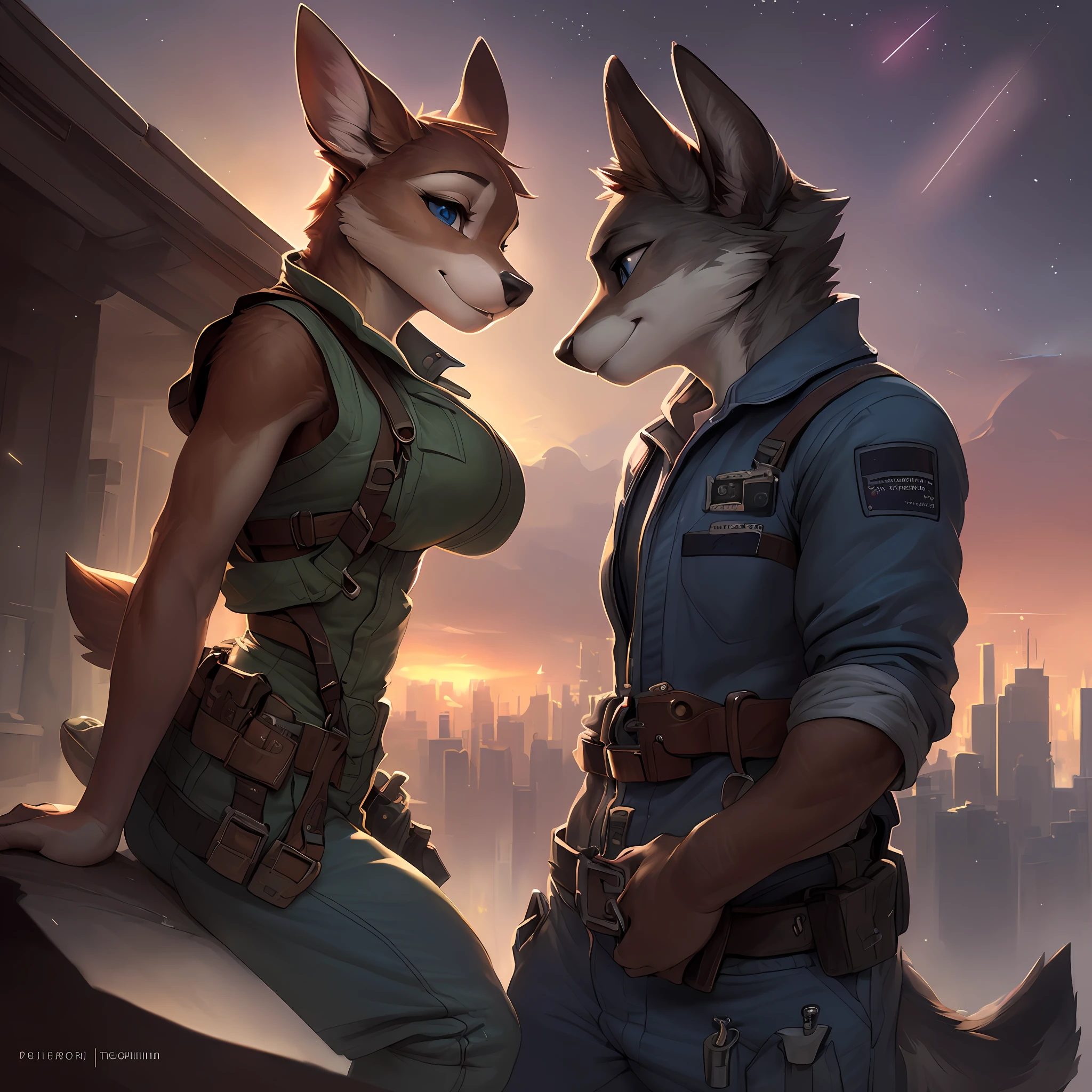 uploaded on e621, by Pixelsketcher, by Bayard Wu, by Thomas Benjamin Kennington , by Einshelm, anthro (((female))) deer doe with ((nice breasts)) and (short fluffy tail) and ((emerald eyes)) sits on a rooftop at night with a very tall anthro (((male))) wolf with ((muscular body)) and (long fluffy tail) and ((clear navy blue eyes)) looking at stars, (( portrait)), BREAK, ((wear dirty work jumpsuit with toolbelt)), excited, happy, (detailed Bonifasko lighting), (detailed fur), (detailed skin), BREAK, ((facing each other with shy smiles)), intimate setting, skyline, stars, no moon, (cinematic lighting), ((detailed background)), ((high-angle view)), (((three-quarter view))), (half body shadow), [backlighting], [crepuscular ray], [detailed ambient light], [gray natural lighting], [ambient light on the belly], (higher wildlife feral detail), [explict content], [sharp focus], (questionable content), (shaded), ((masterpiece)), BREAK